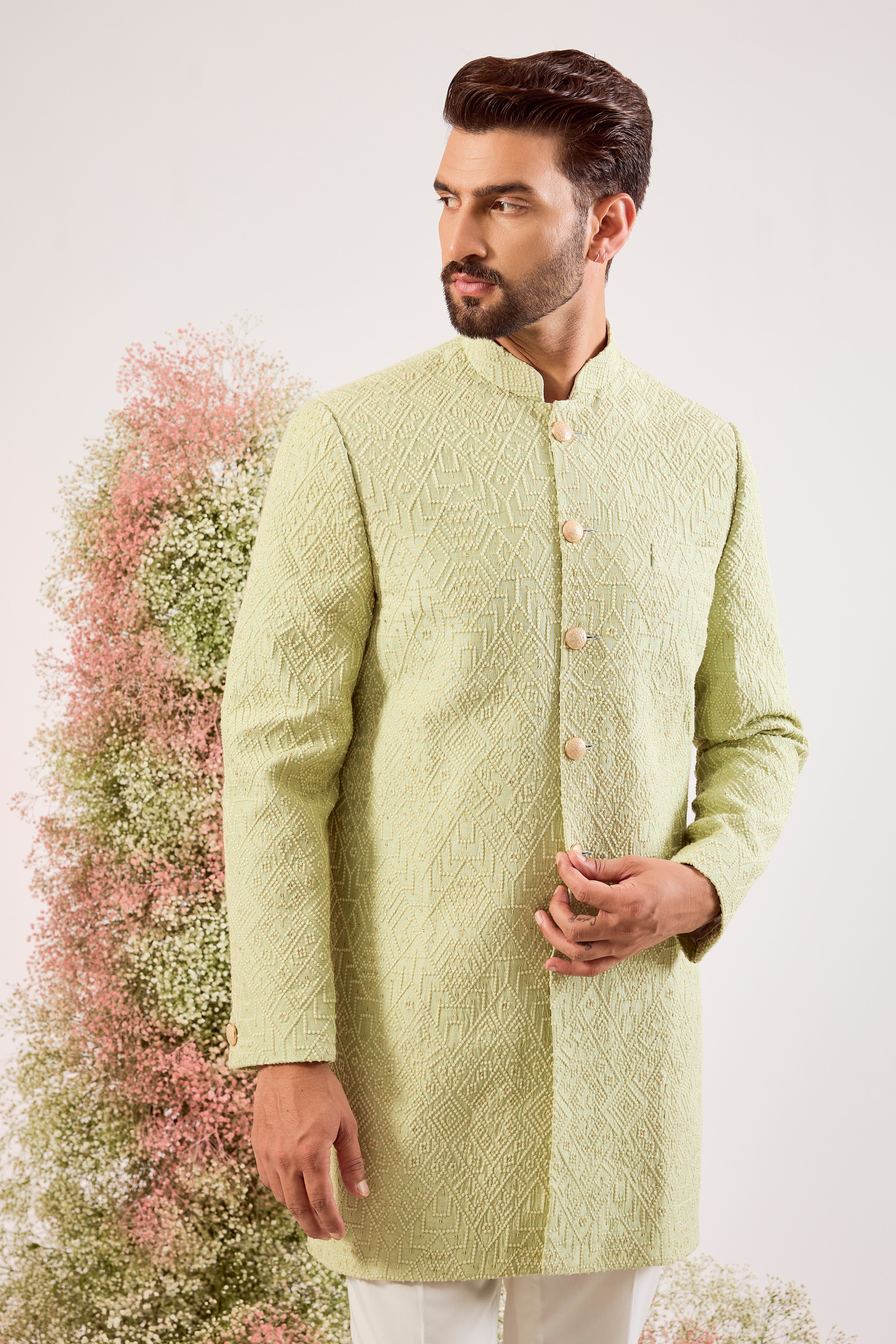 pastel green geometrically embroideried thread work short sherwani with subtle sequin detailing