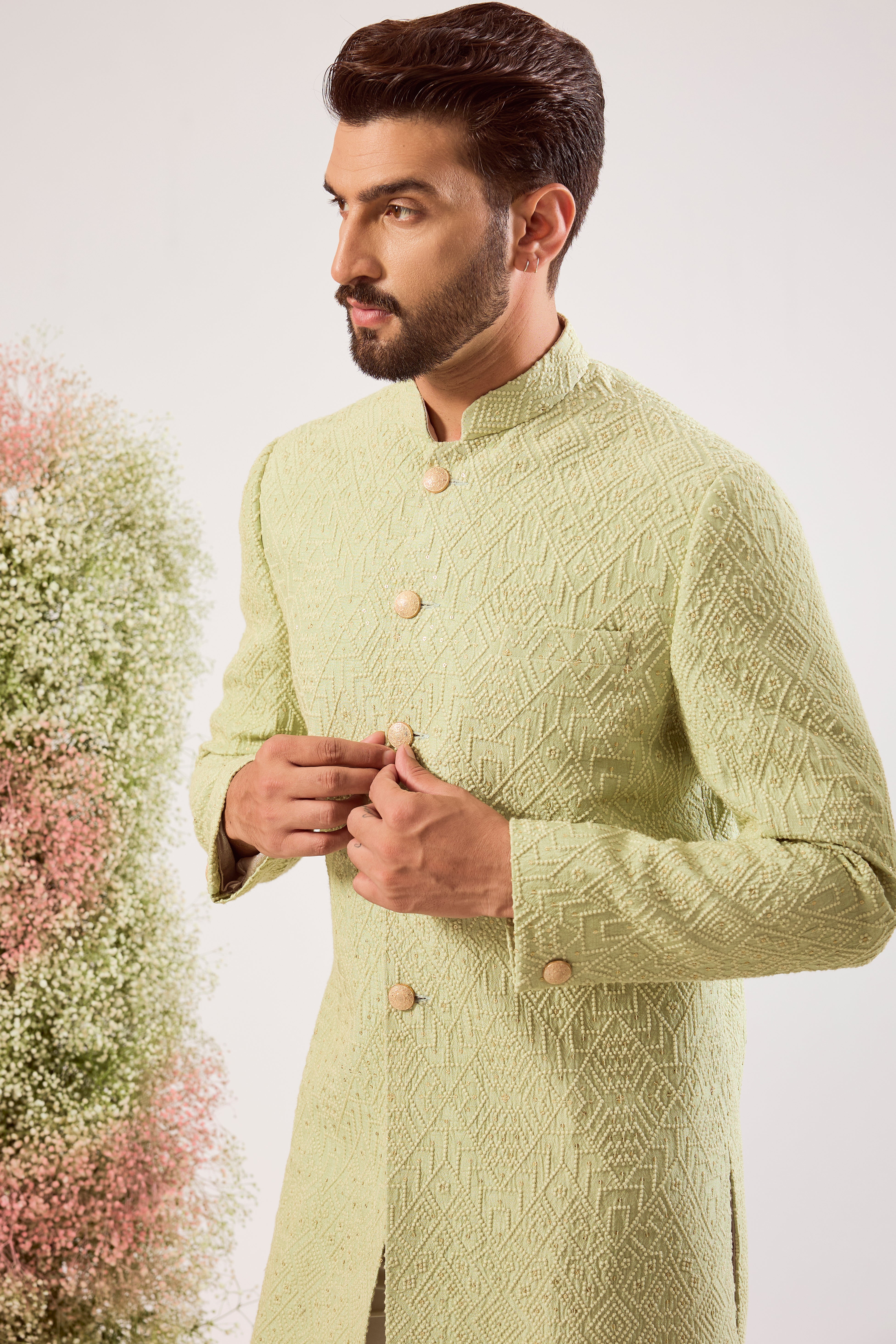 pastel green geometrically embroideried thread work short sherwani with subtle sequin detailing