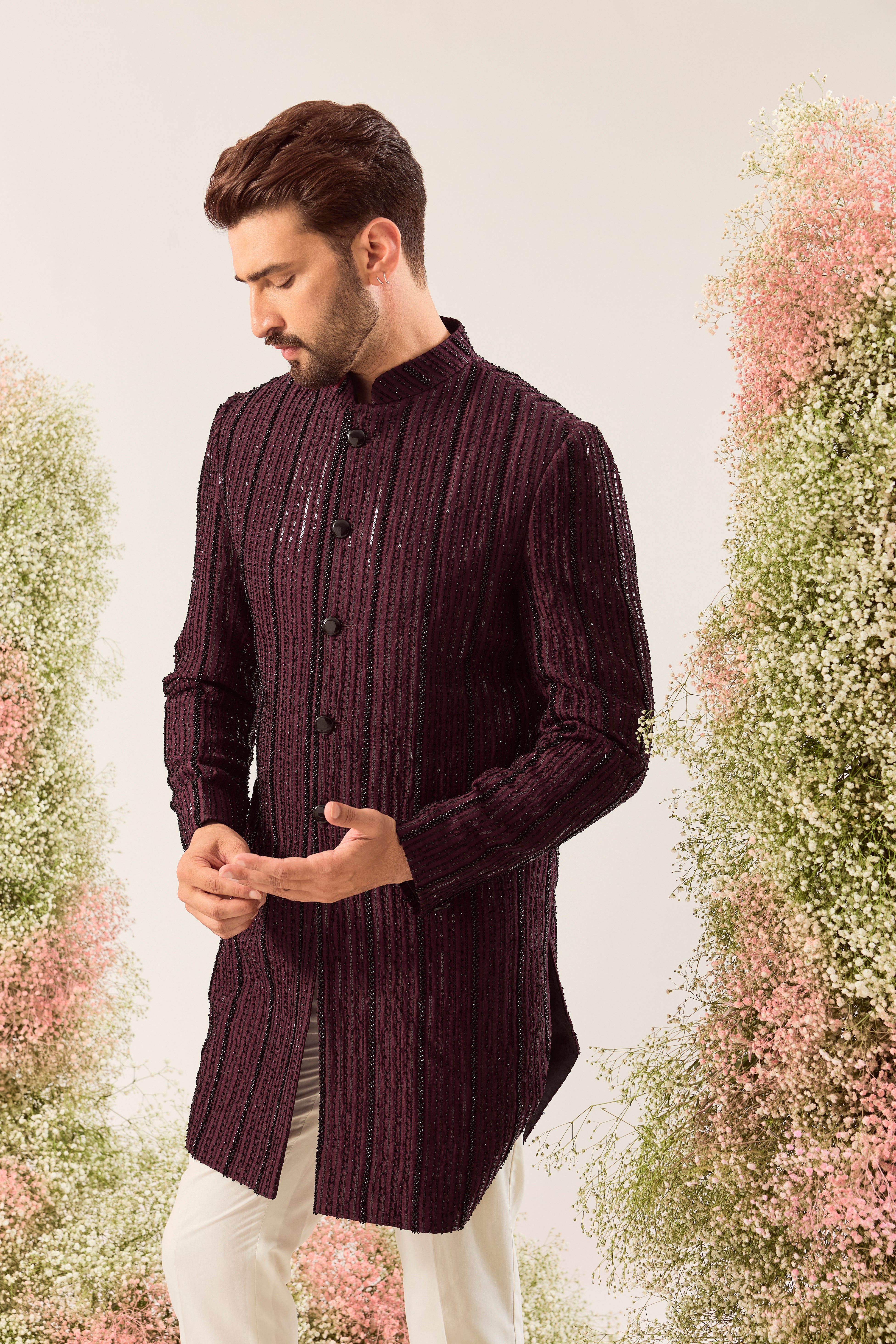 maroon sroyal cut indowestern with intricate cut dana