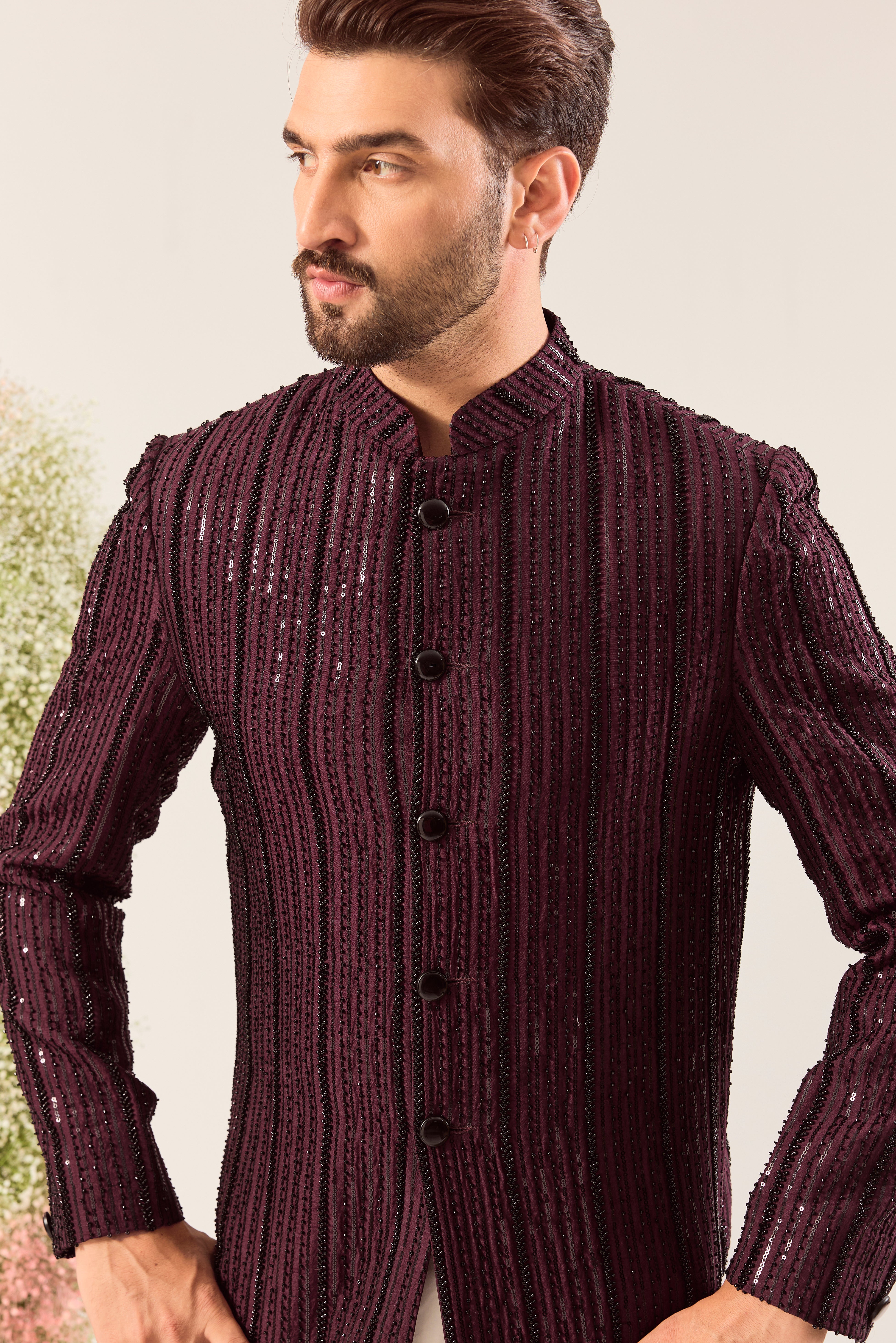maroon sroyal cut indowestern with intricate cut dana