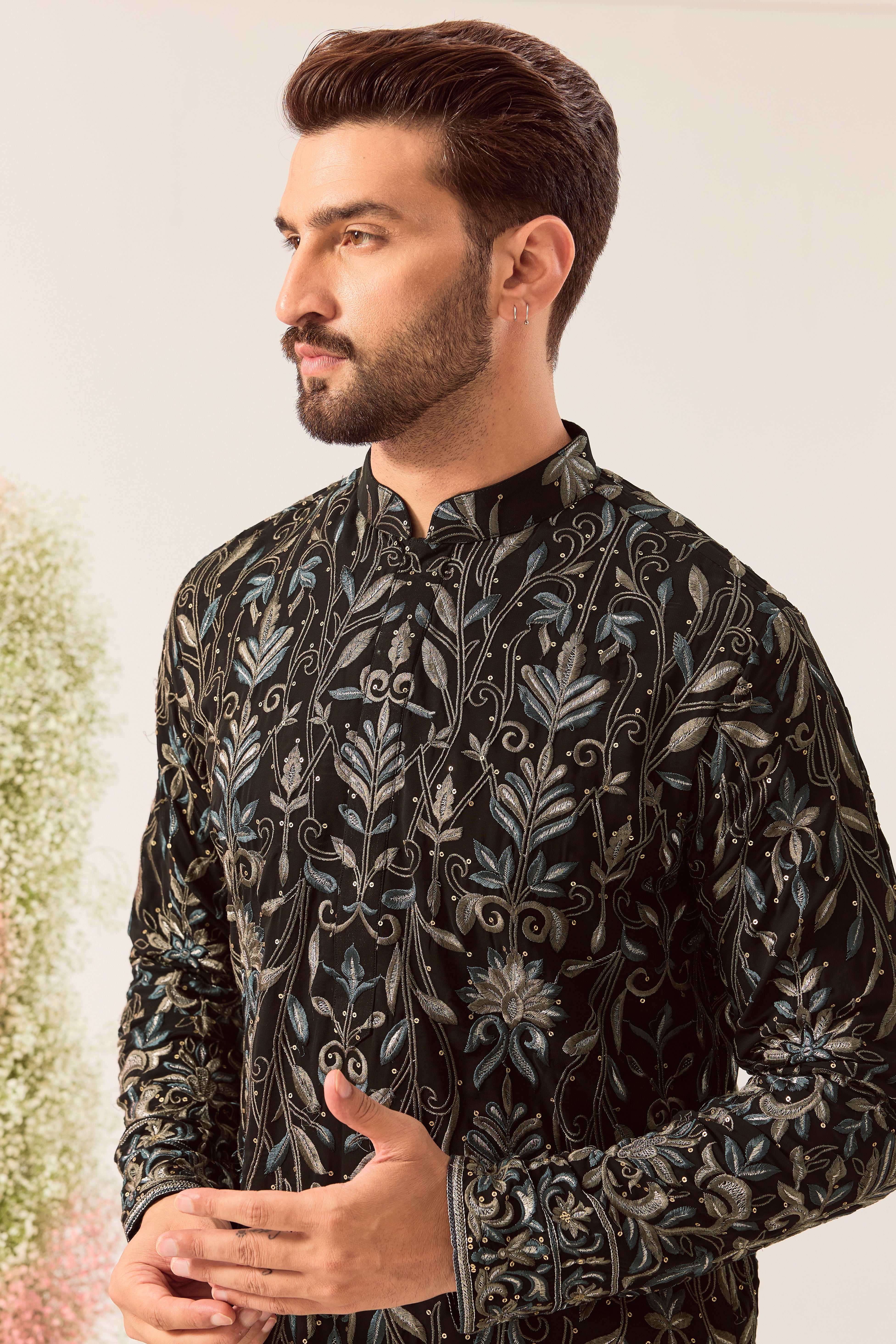 black chikankari kurta with kashmiri threadwork