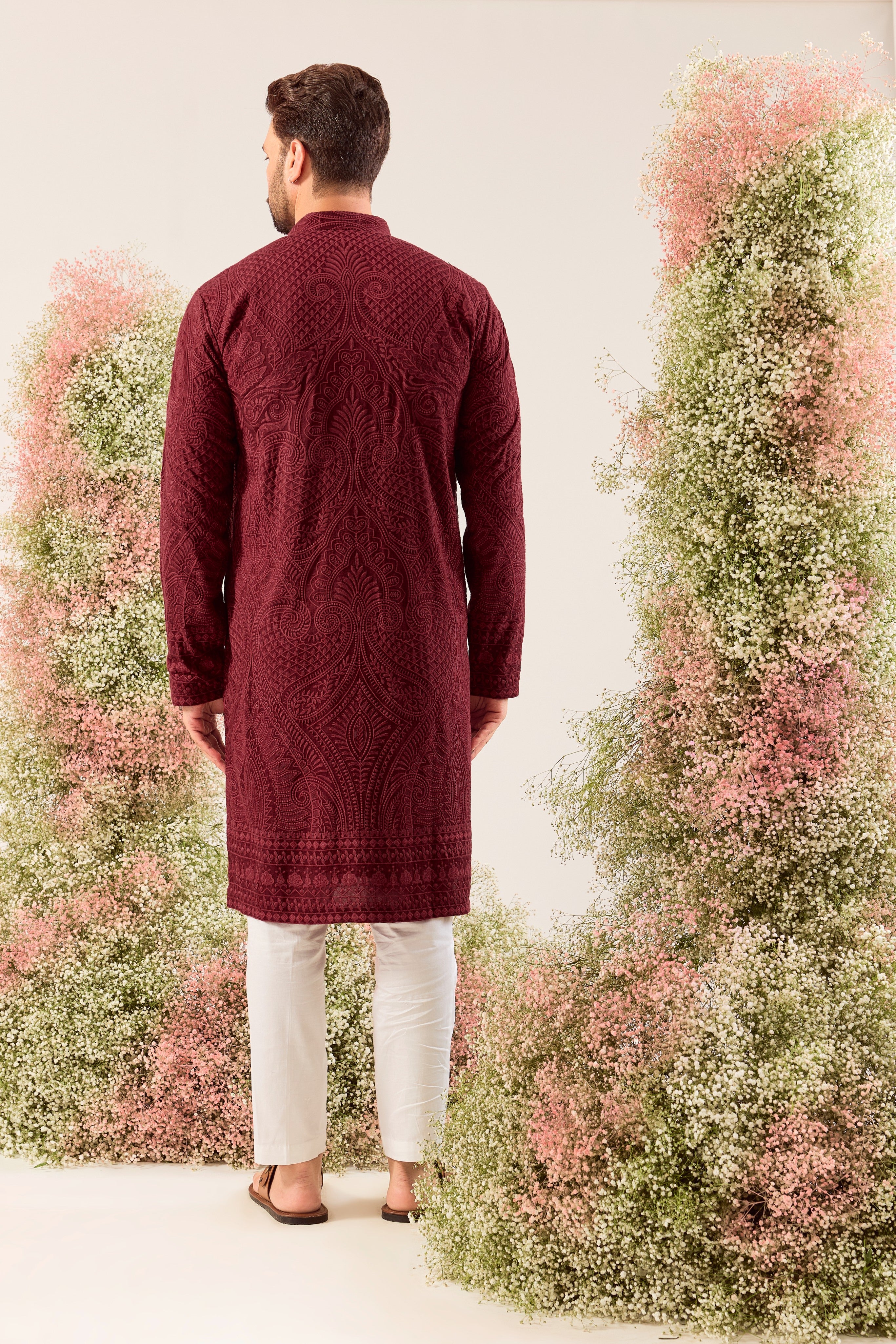 maroon chikankari kurta with jamawar embroidery and tone to tone thread work