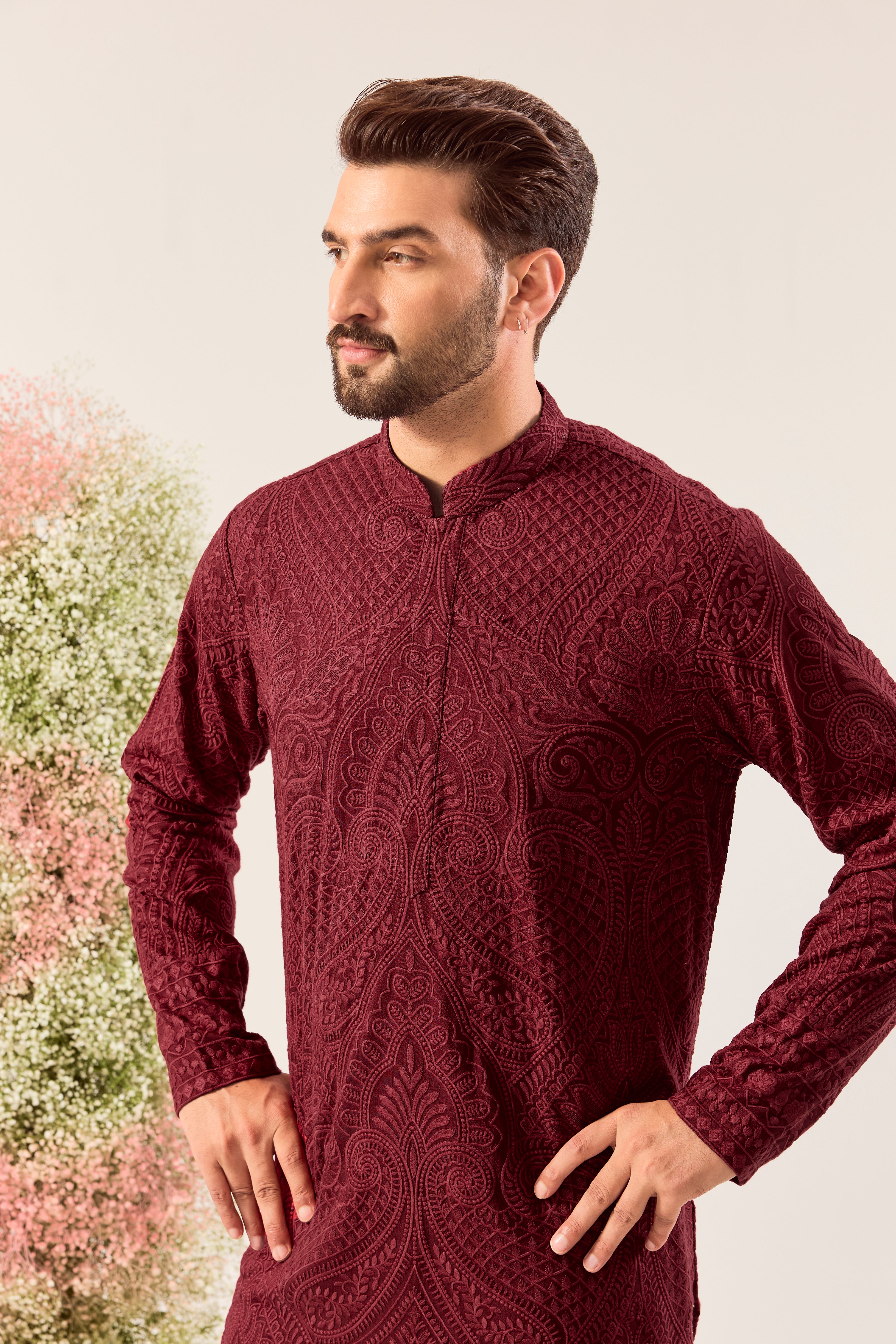 maroon chikankari kurta with jamawar embroidery and tone to tone thread work