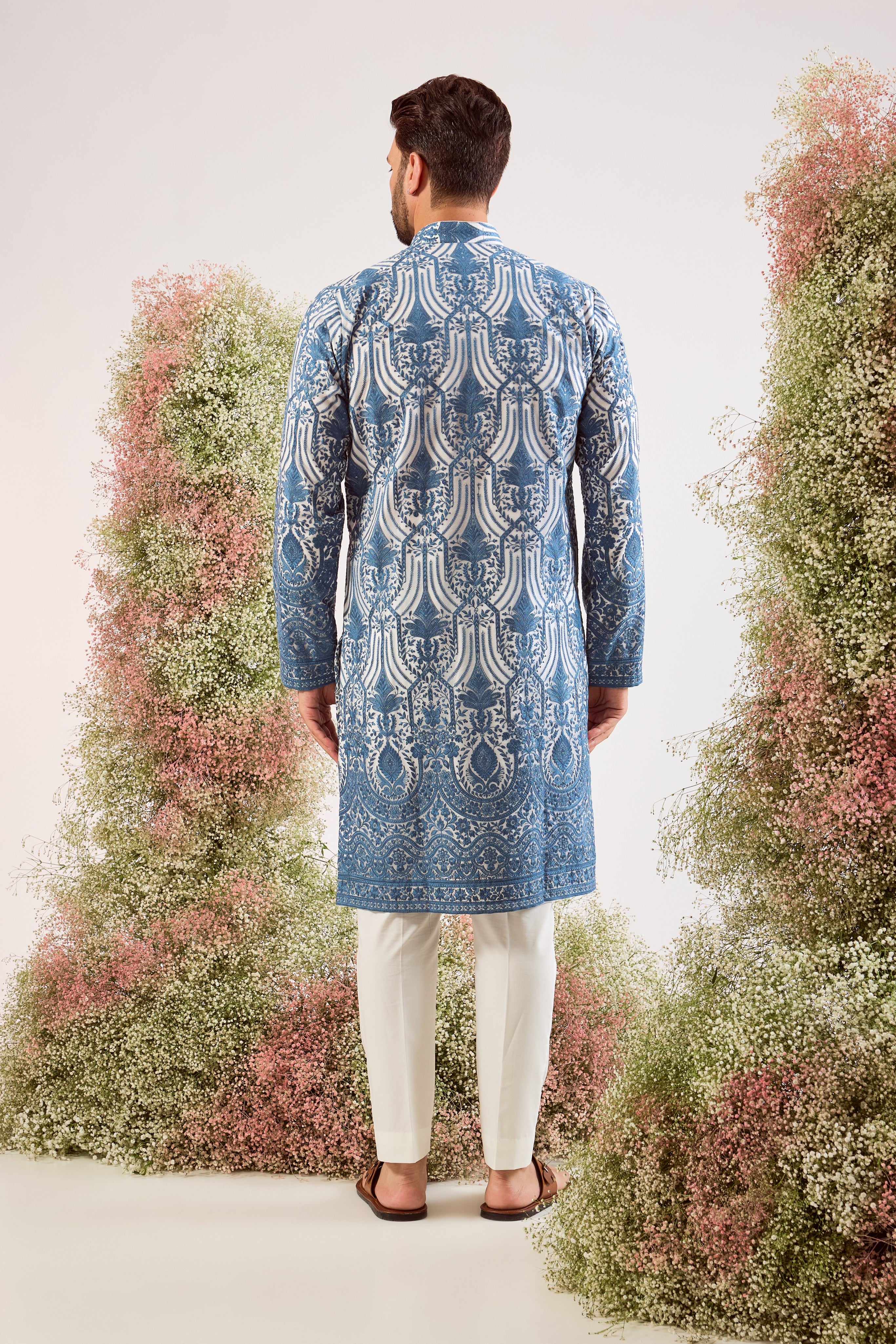 blue chikankari kurta on organza with delicate sequin work and lining