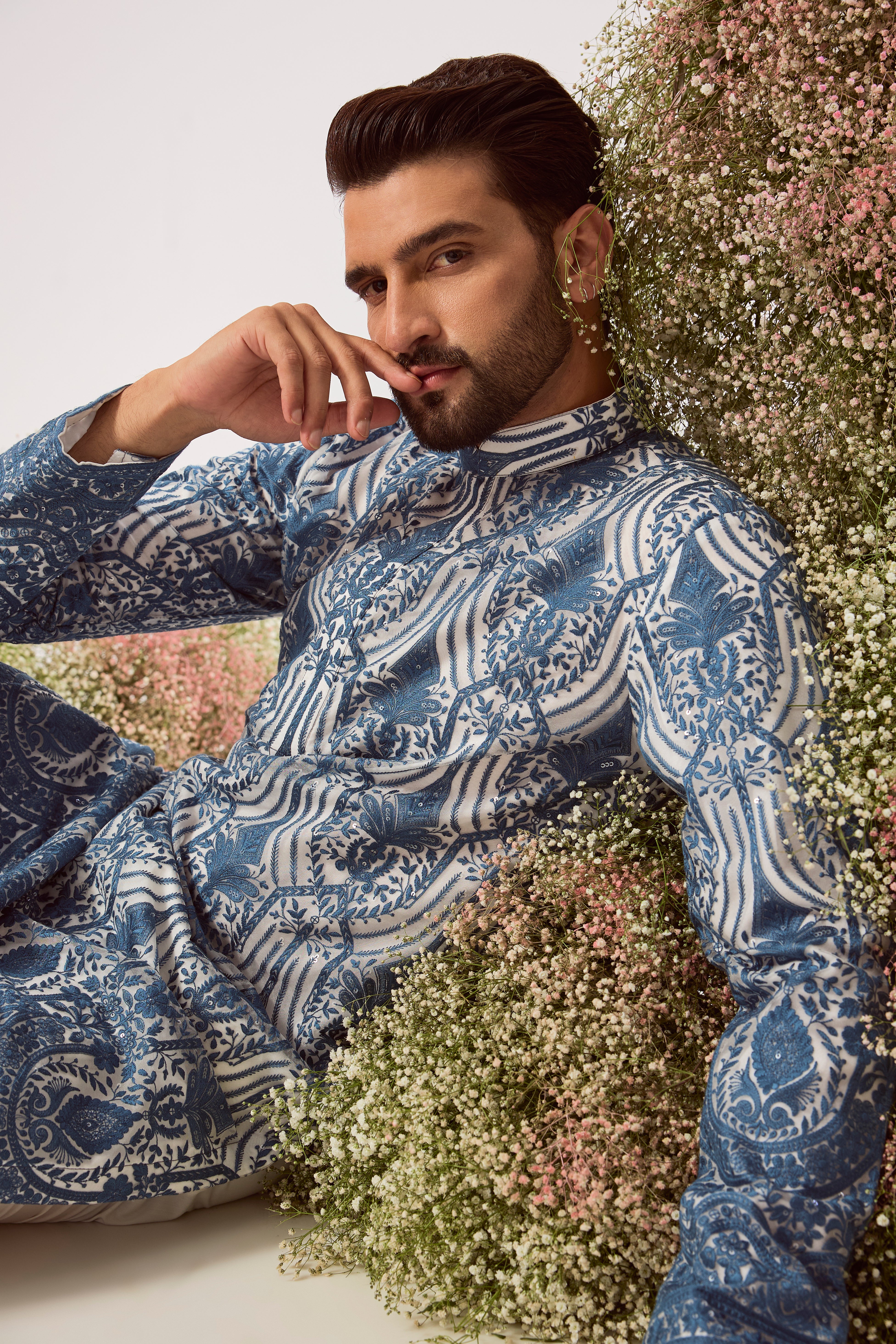blue chikankari kurta on organza with delicate sequin work and lining