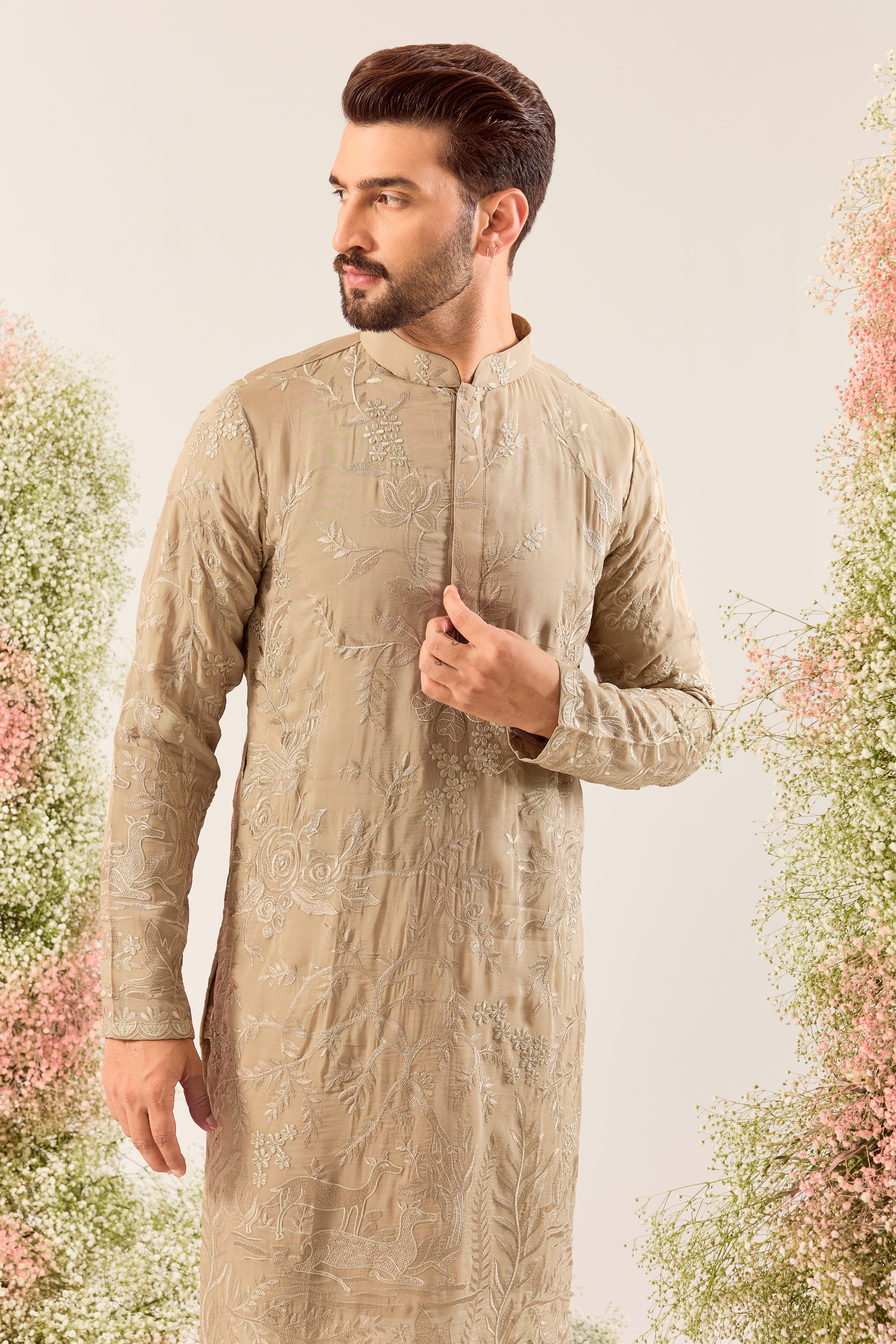 brown threadwork kurta with intricate flora and fauna embroidery