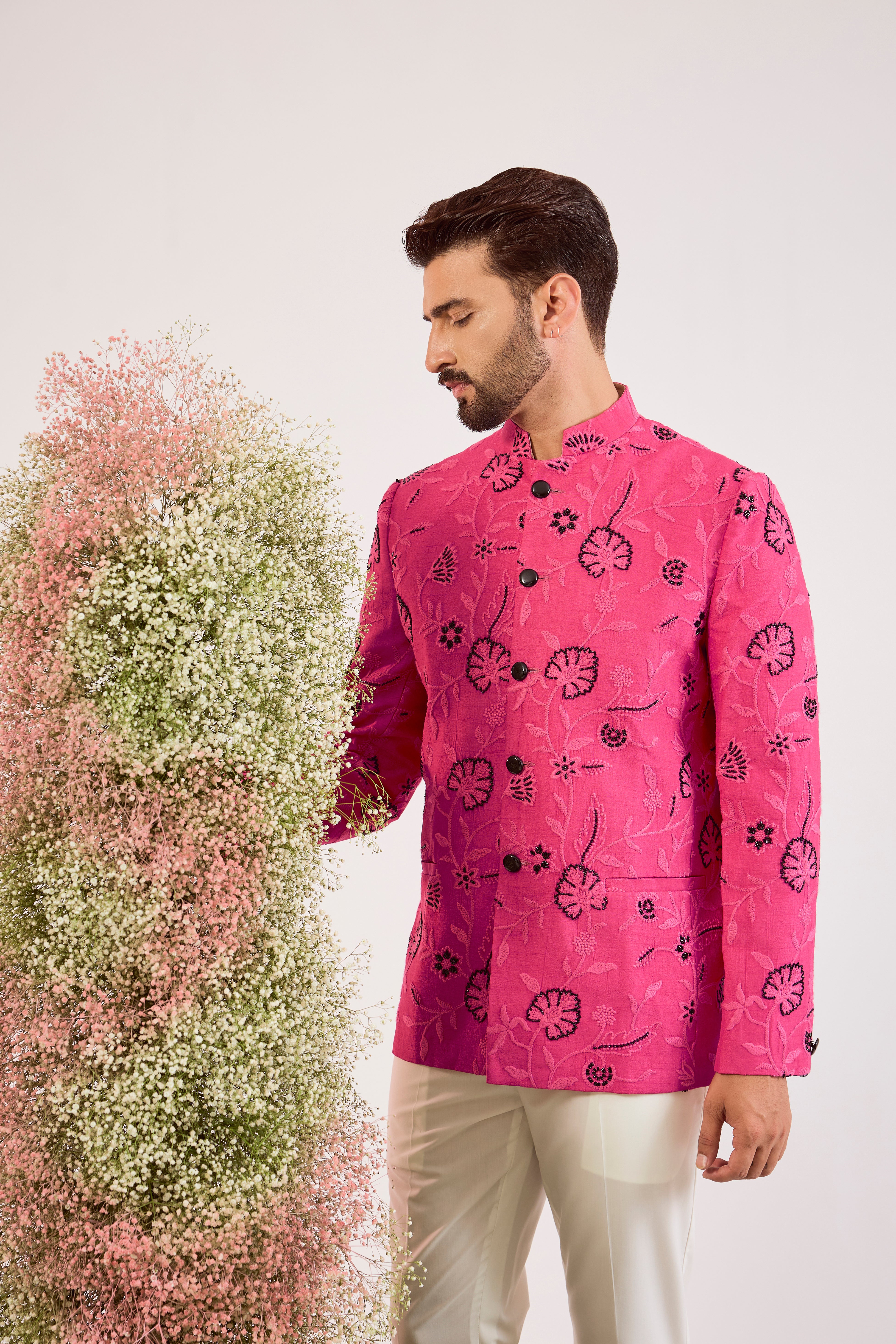 hot pink bandgala with sleek black cut dana and floral embroidery