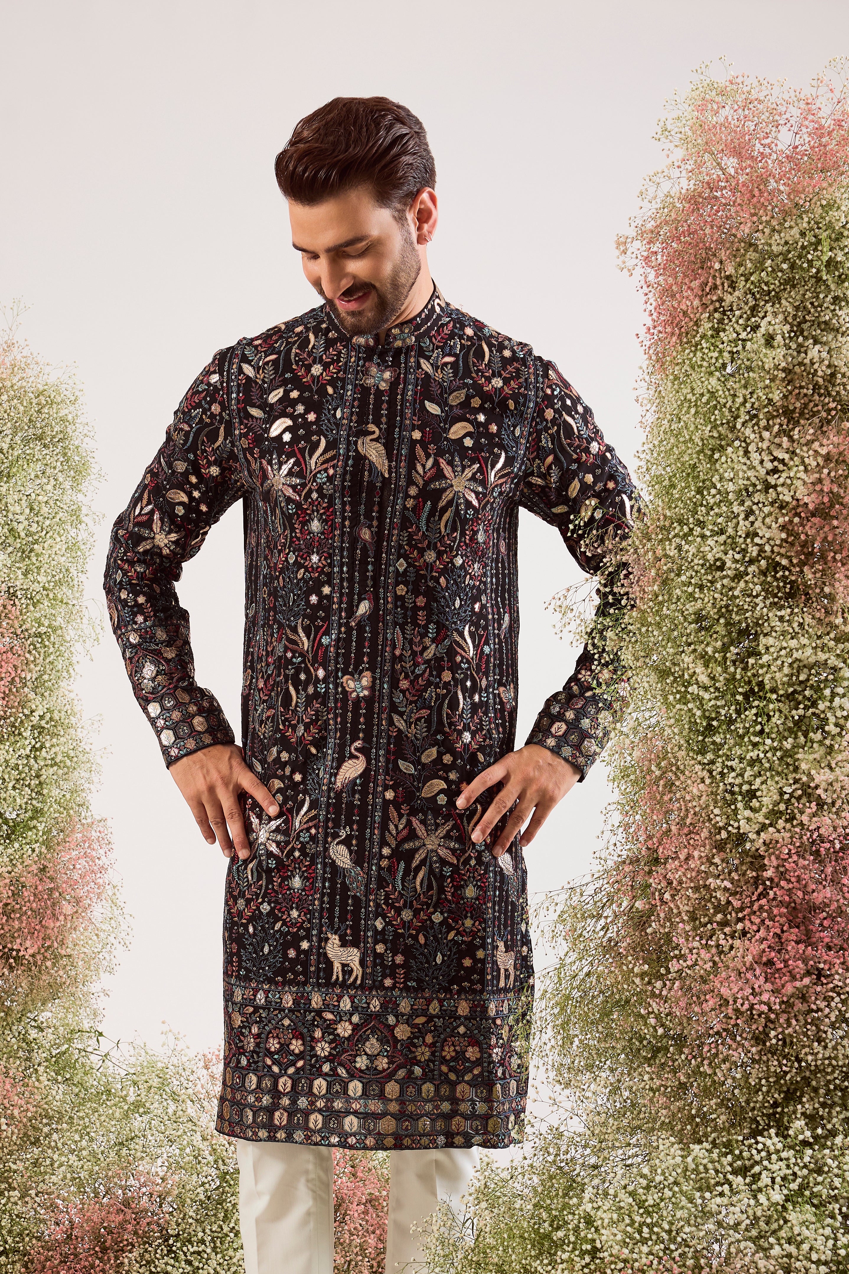 black leather patchwork kurta with intricate floral embroidery