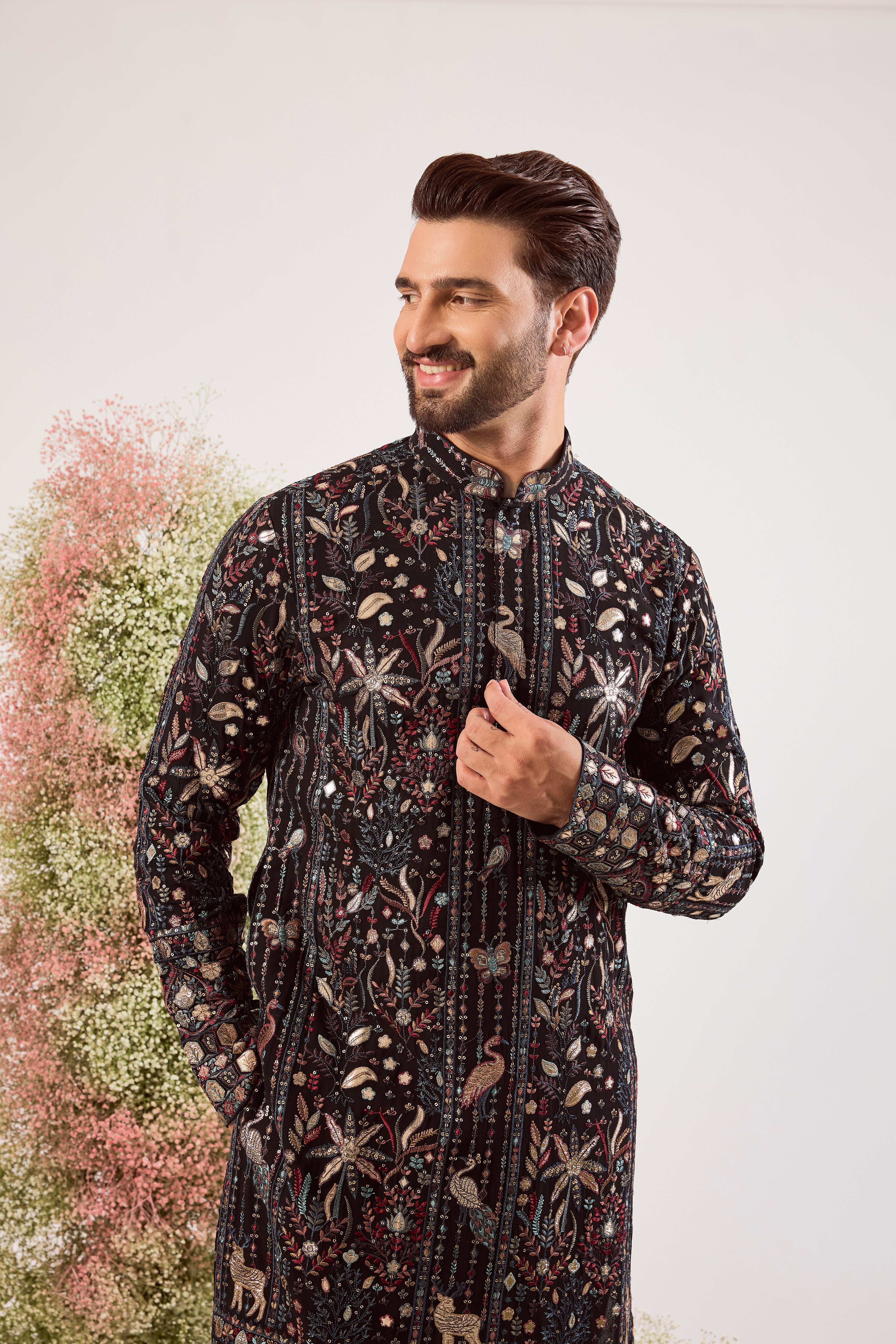 black leather patchwork kurta with intricate floral embroidery
