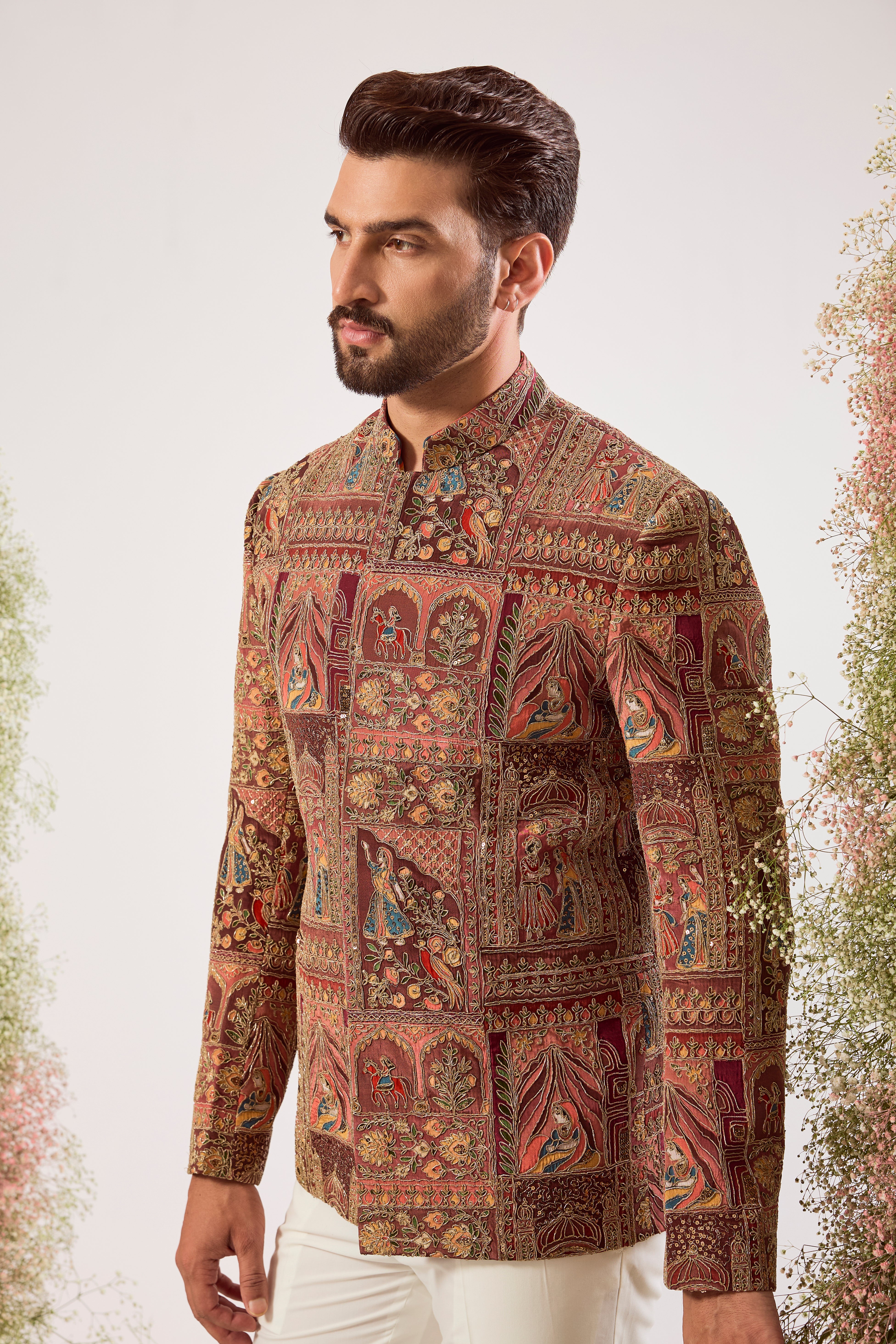 mauve taupe royal heritage bandgala with intricate heritage figures