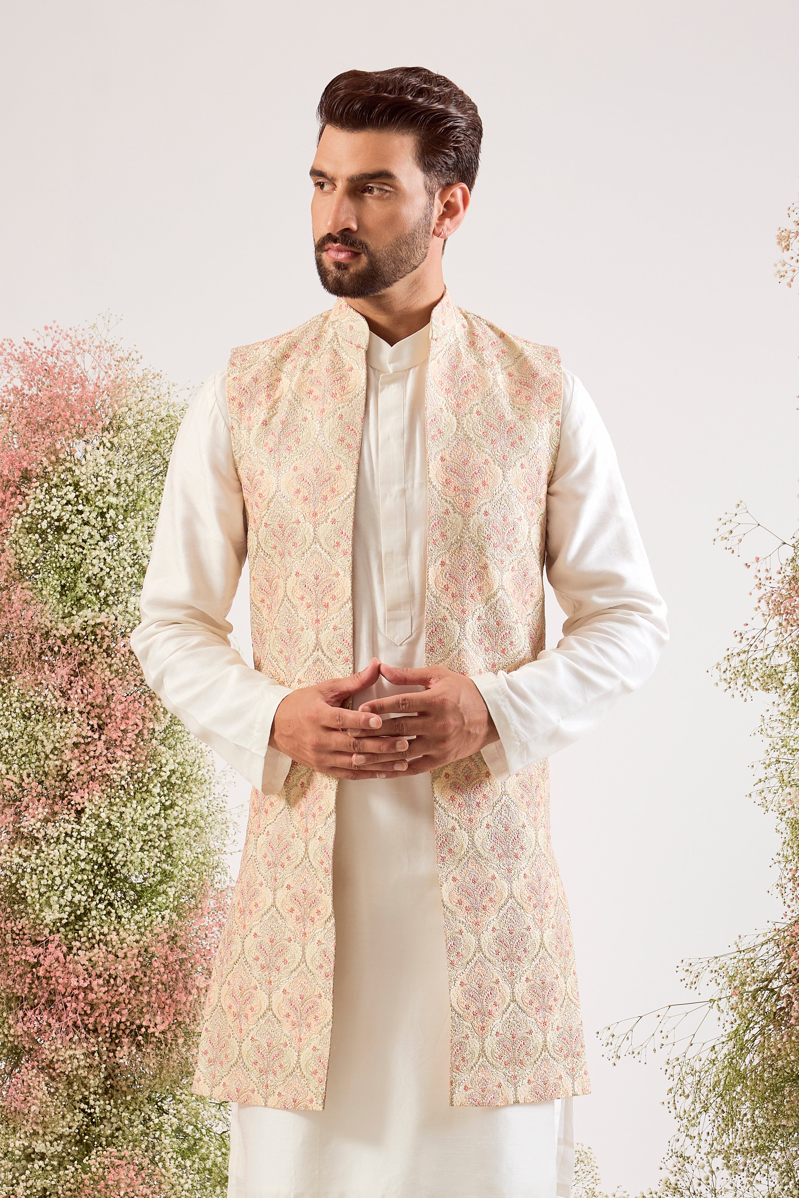 beige- golden chikankari long open jacket with intricate zari work