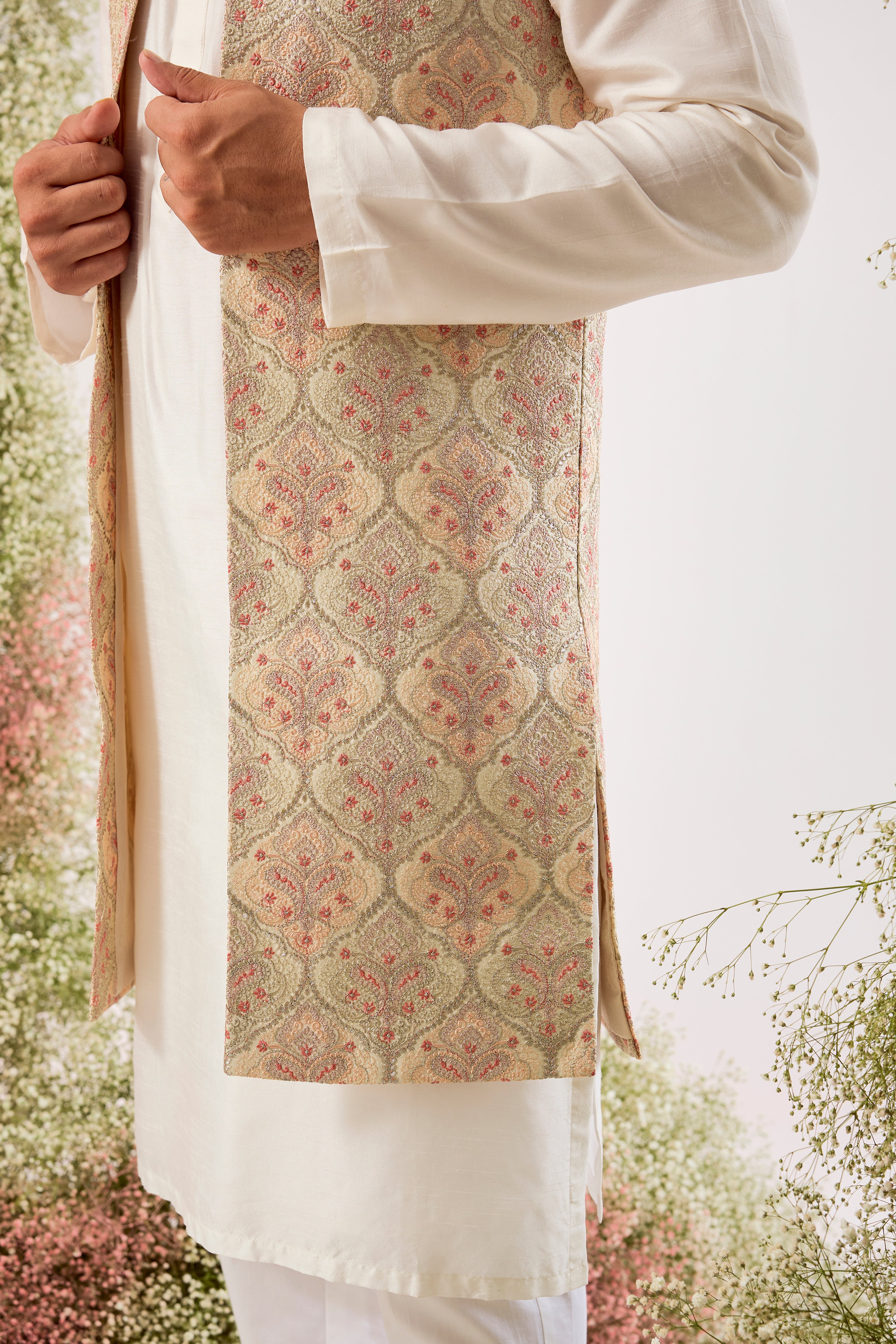 beige- golden chikankari long open jacket with intricate zari work