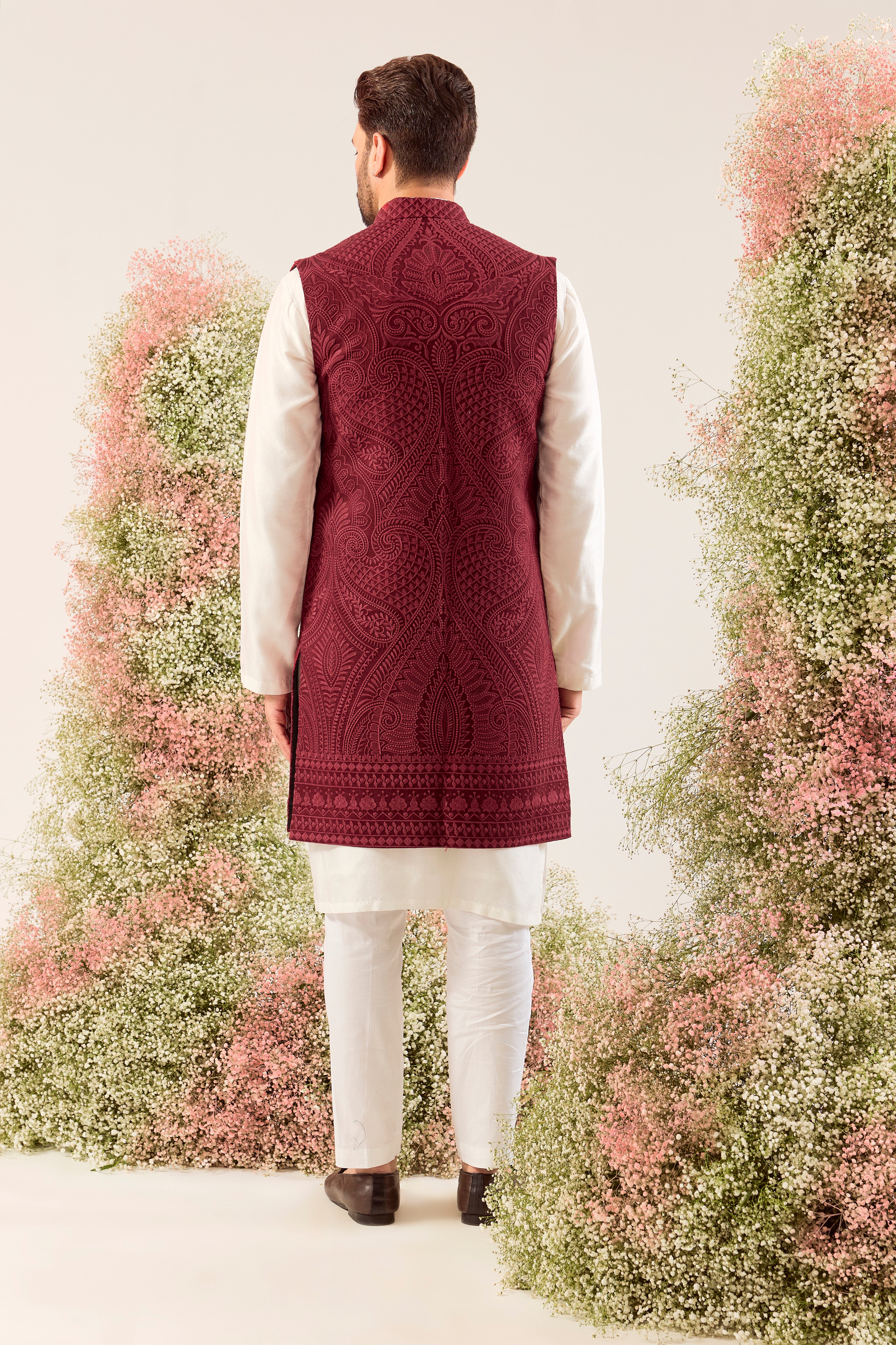 maroon kashmiri embrodried long open jacket with jamawar work