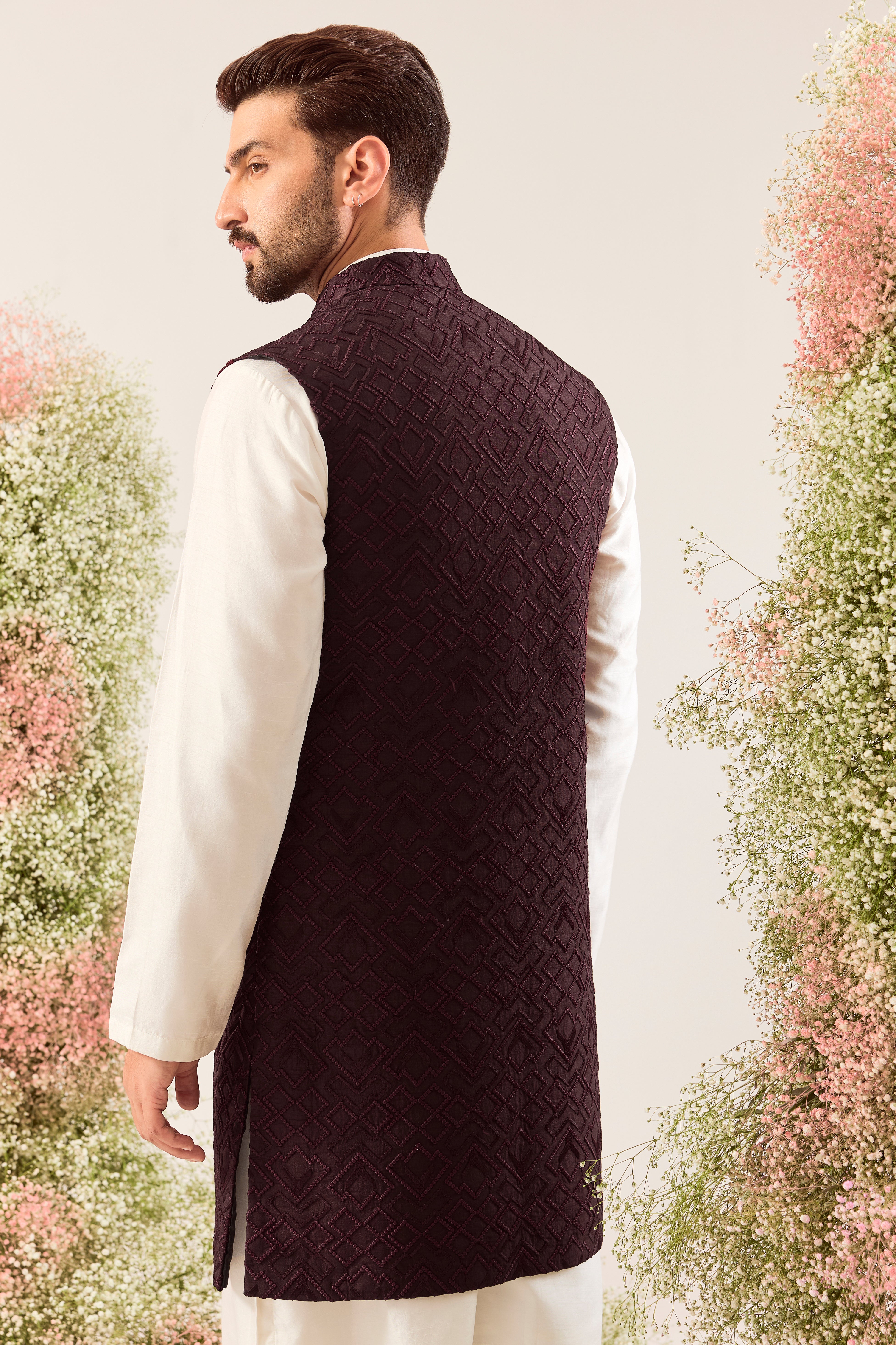 wine thread work geometrically embrodried long open jacket