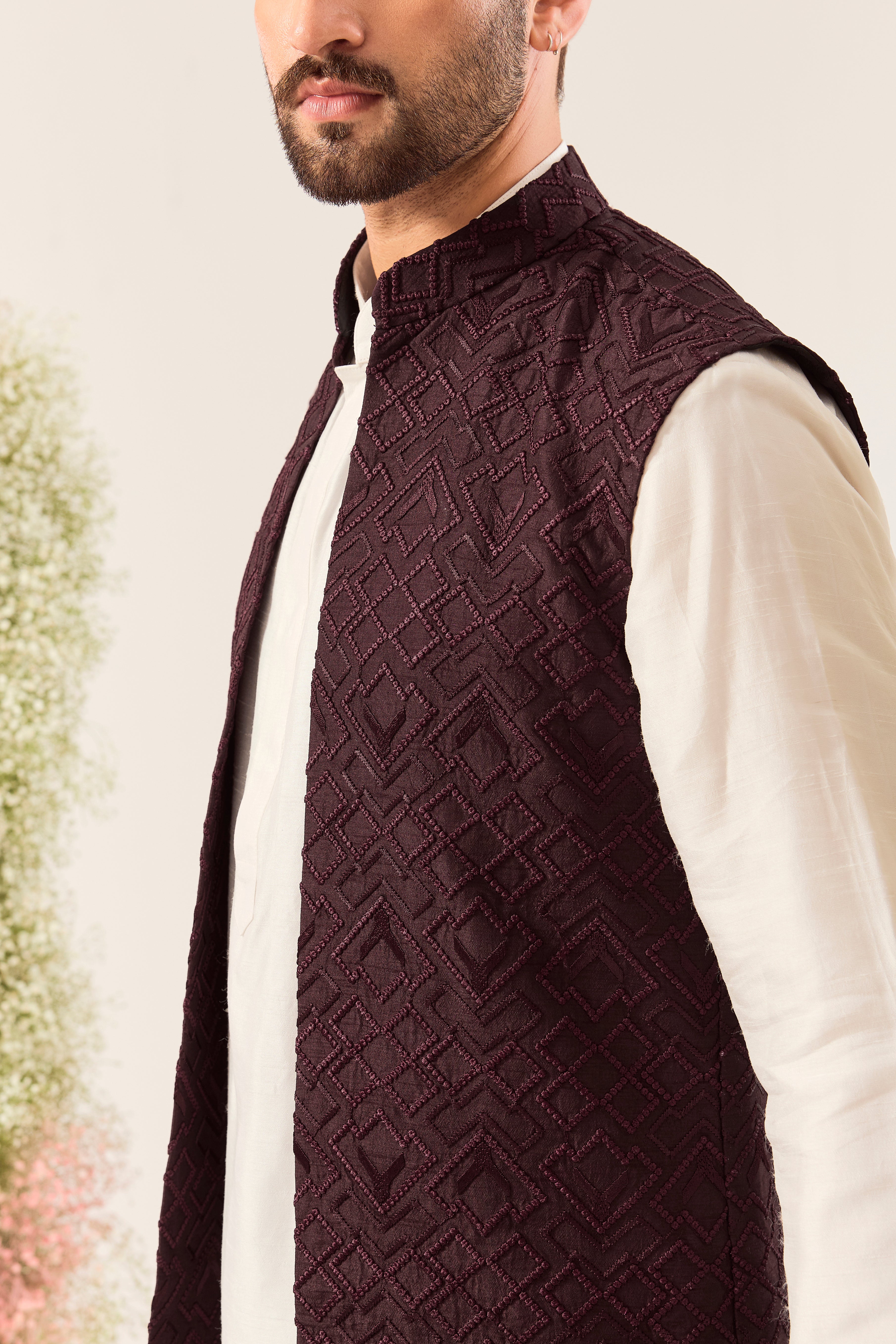 wine thread work geometrically embrodried long open jacket