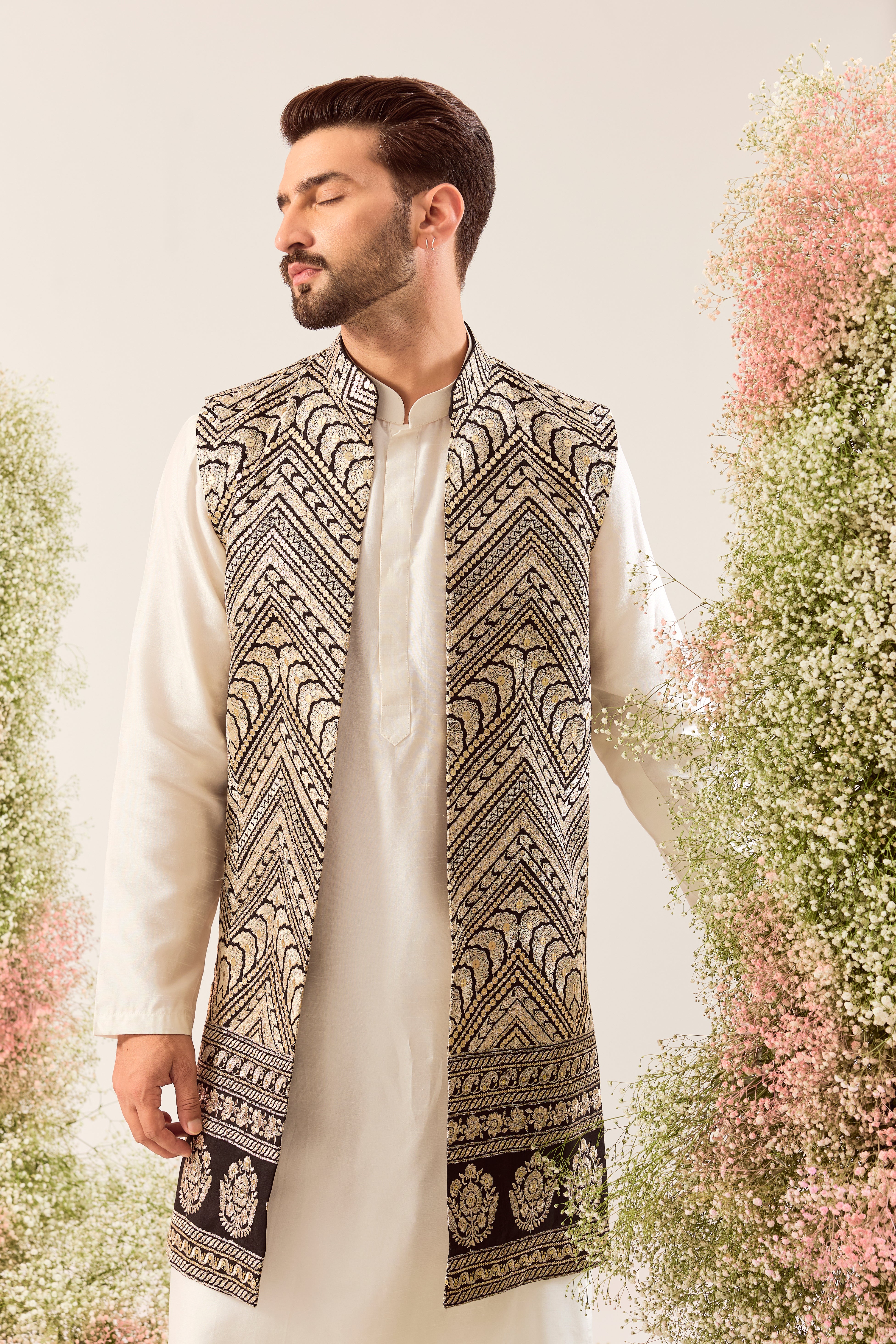 black long open jacket with golden thread work and heavy zari work