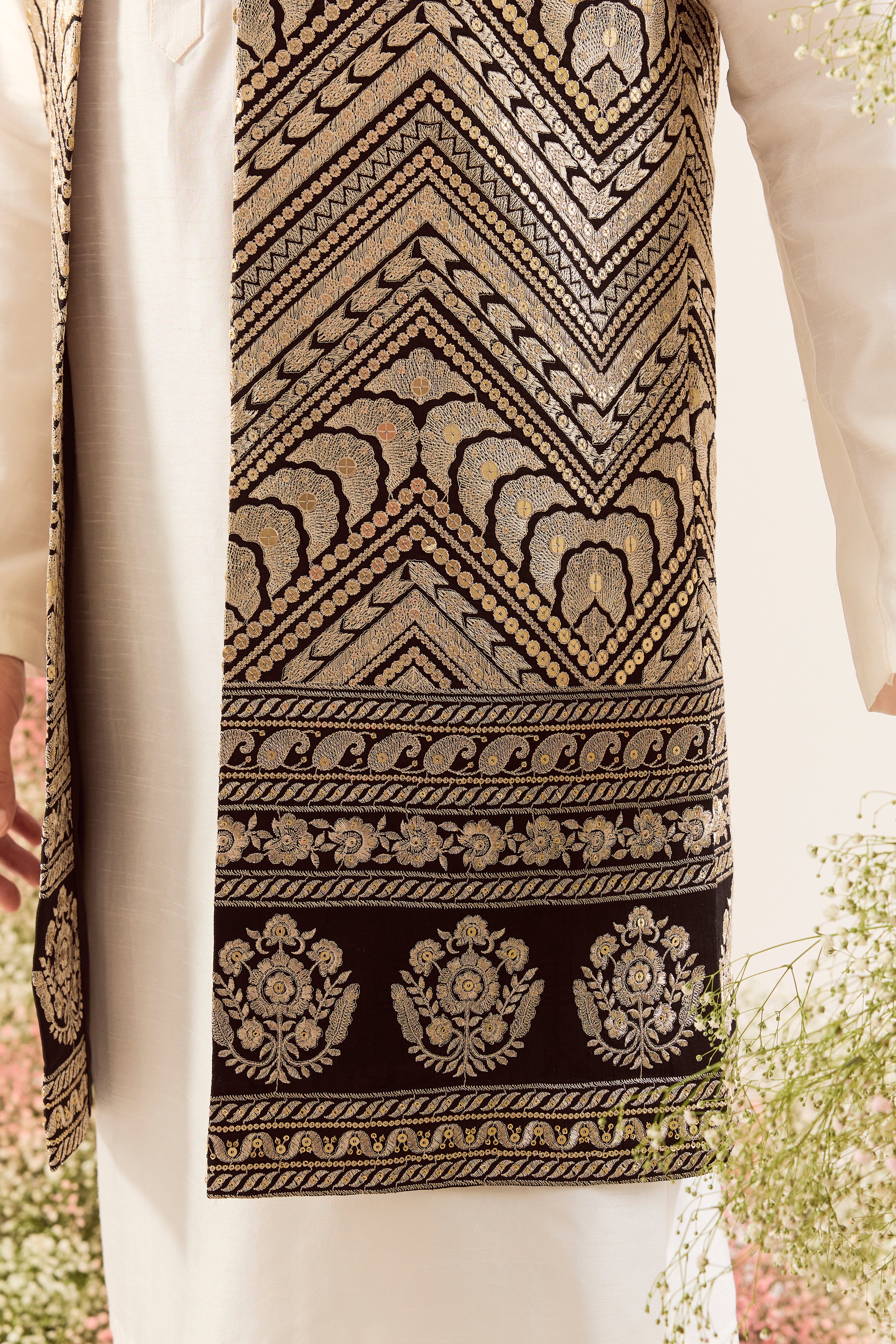 black long open jacket with golden thread work and heavy zari work