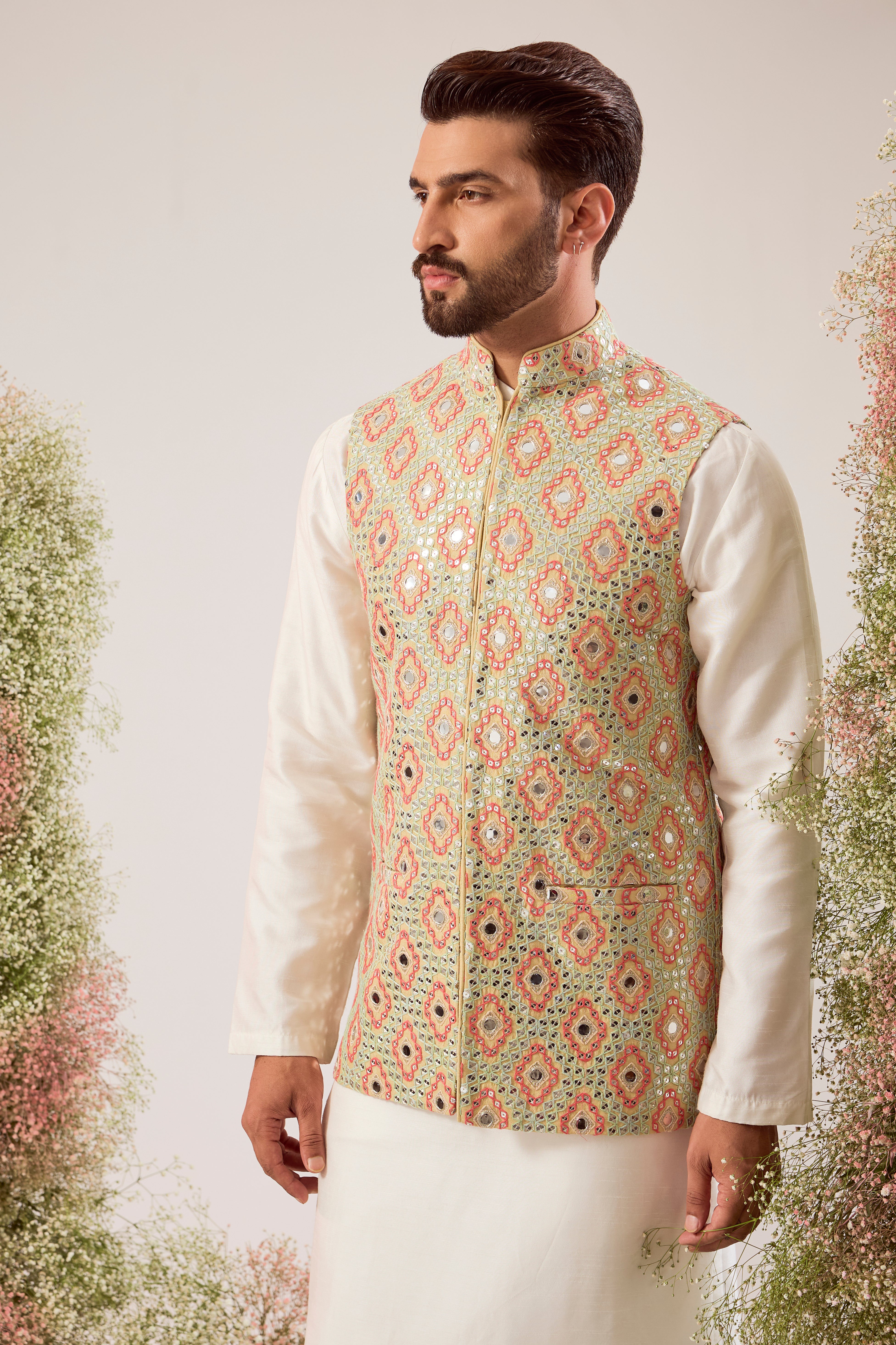 beige/ multicoloured short mirror work nehru jacket