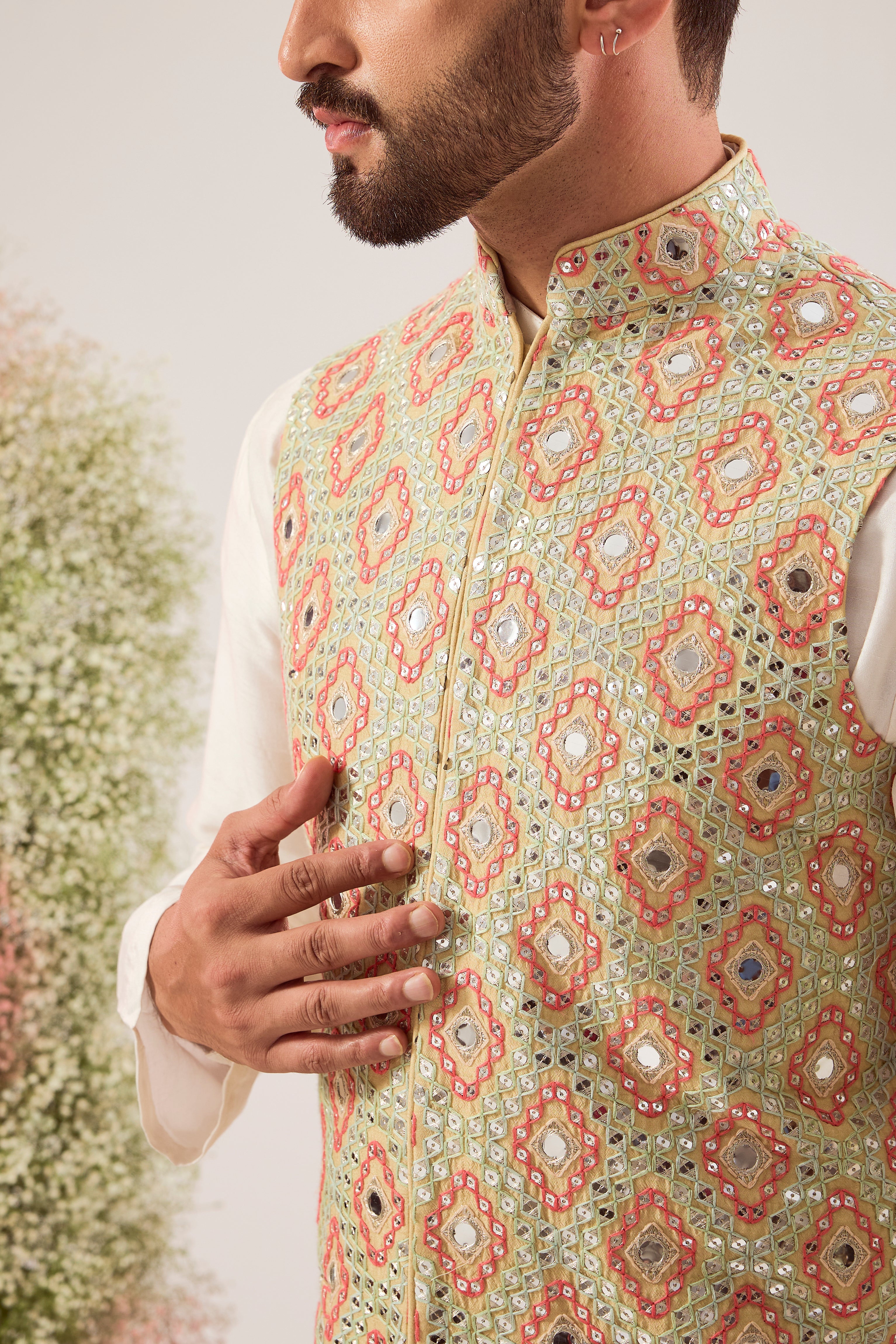 beige/ multicoloured short mirror work nehru jacket