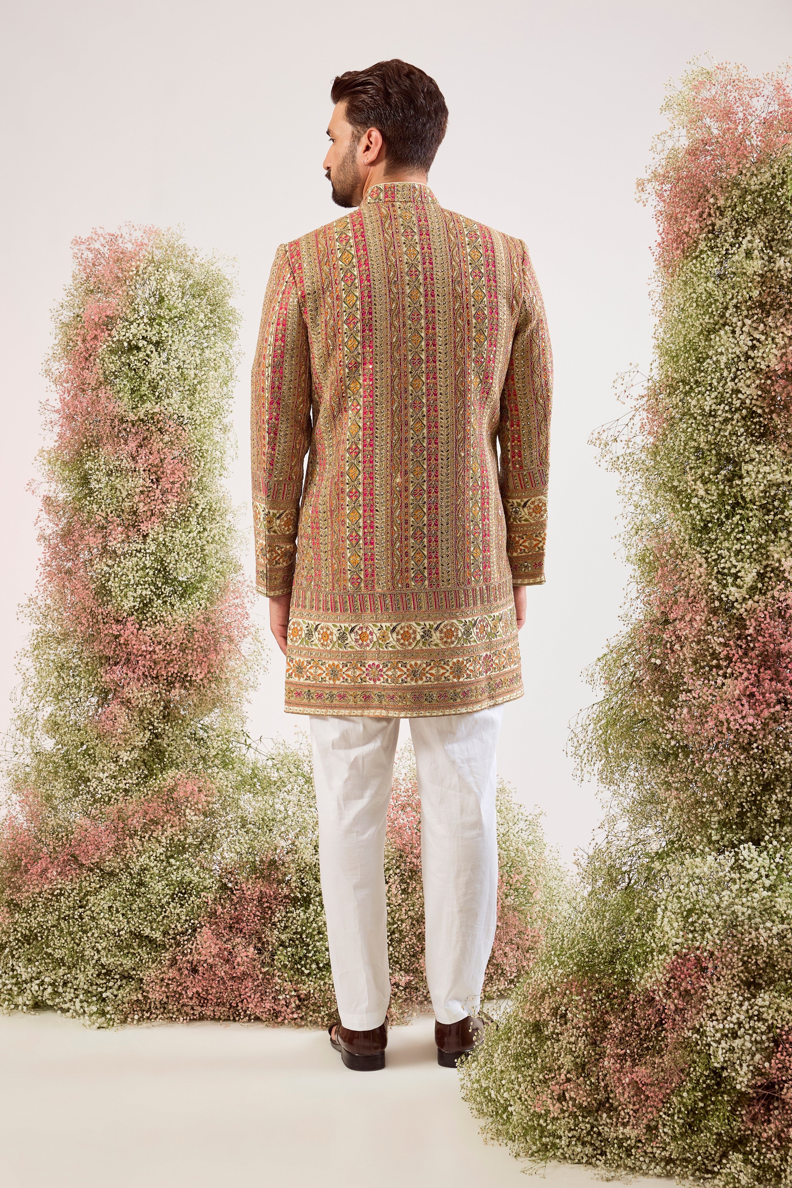 cream / multicoloured short indowestern with intricate zari and sequin work