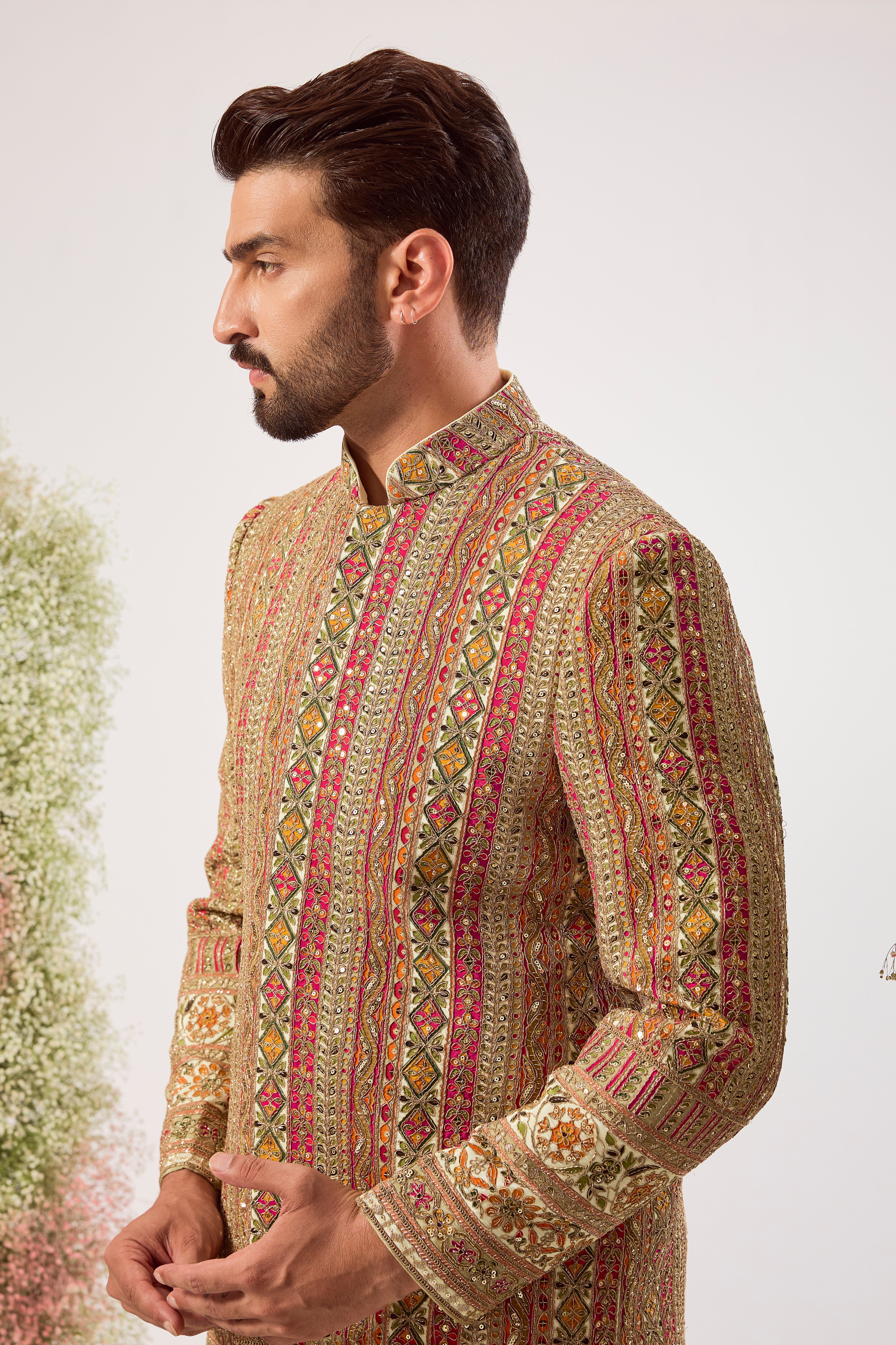 cream / multicoloured short indowestern with intricate zari and sequin work
