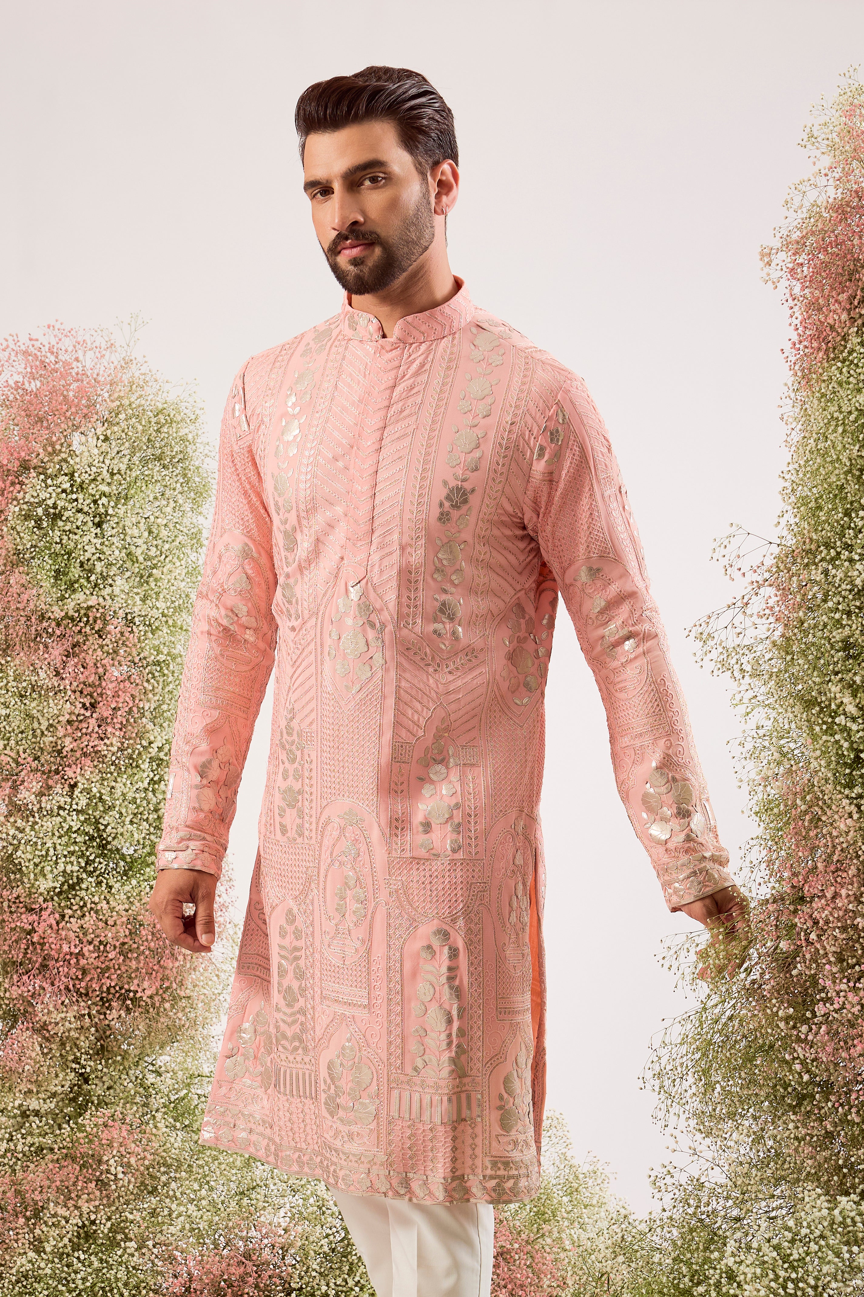peach leather patchwork kurta with intricate thread and sequin work