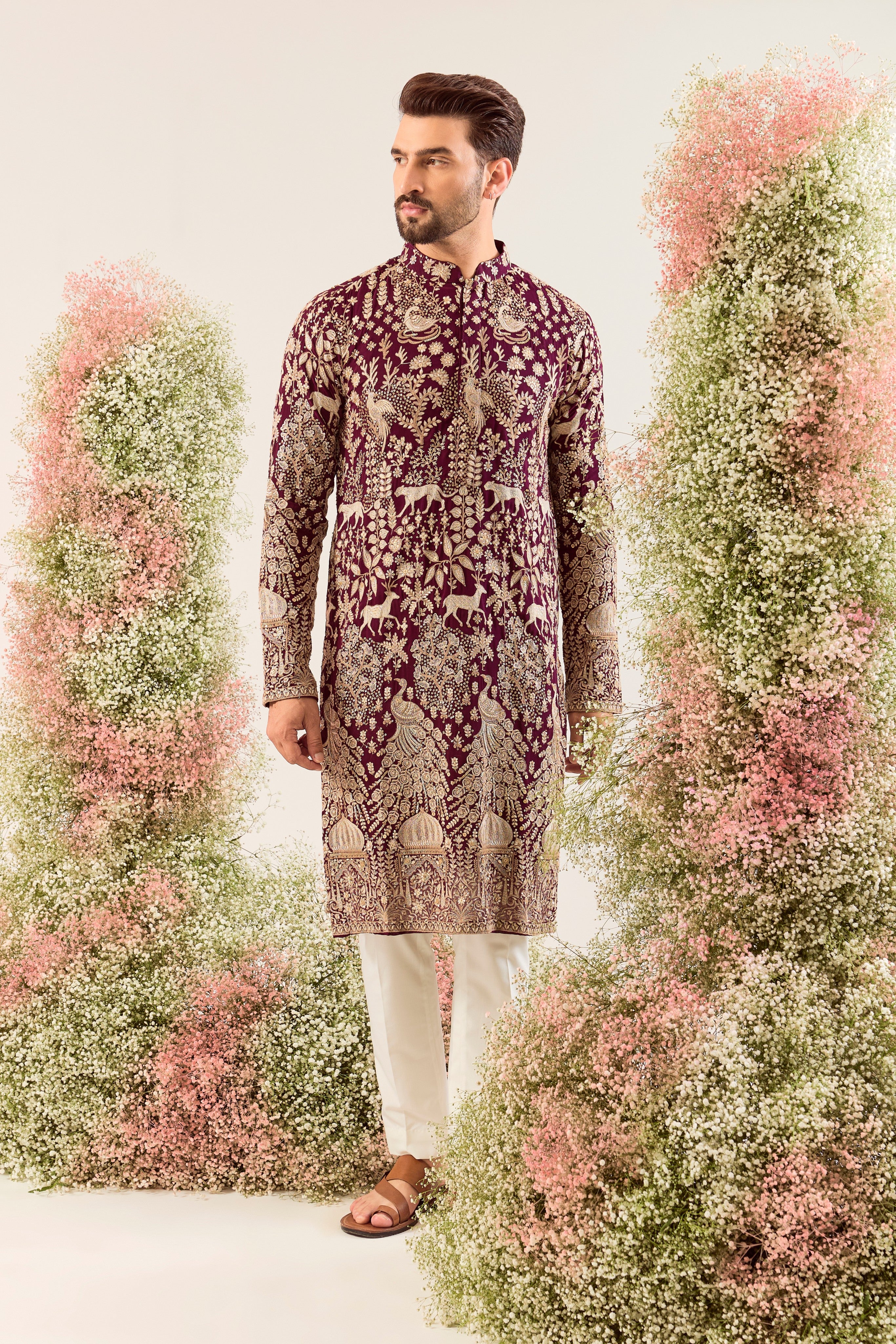 wine royal heritage kurta with intricate flora and fauna & deatiled mughal darbars decorated with sequin and zari