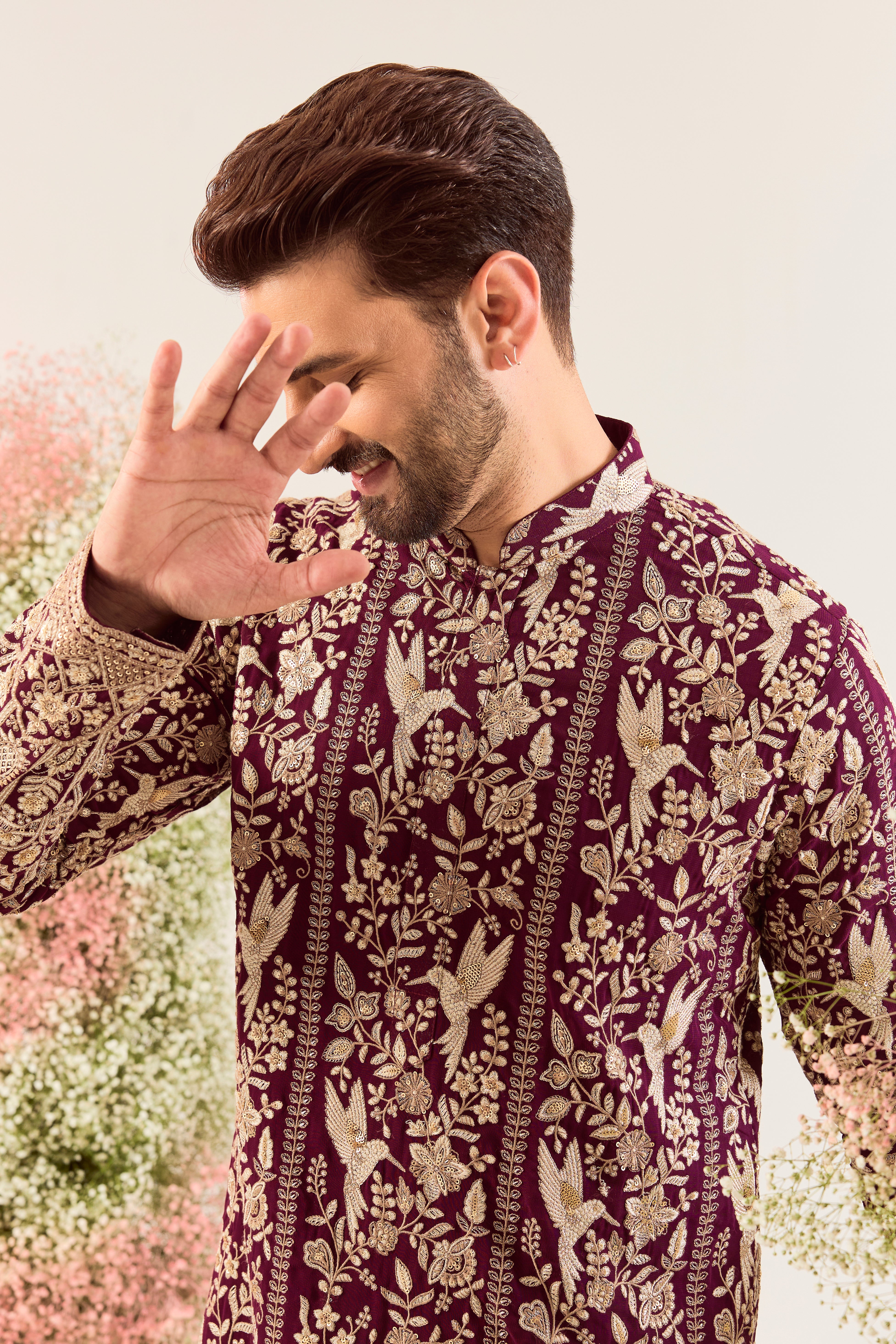 wine chikankari kurta with intriacte flora and fauna decorated with sequin