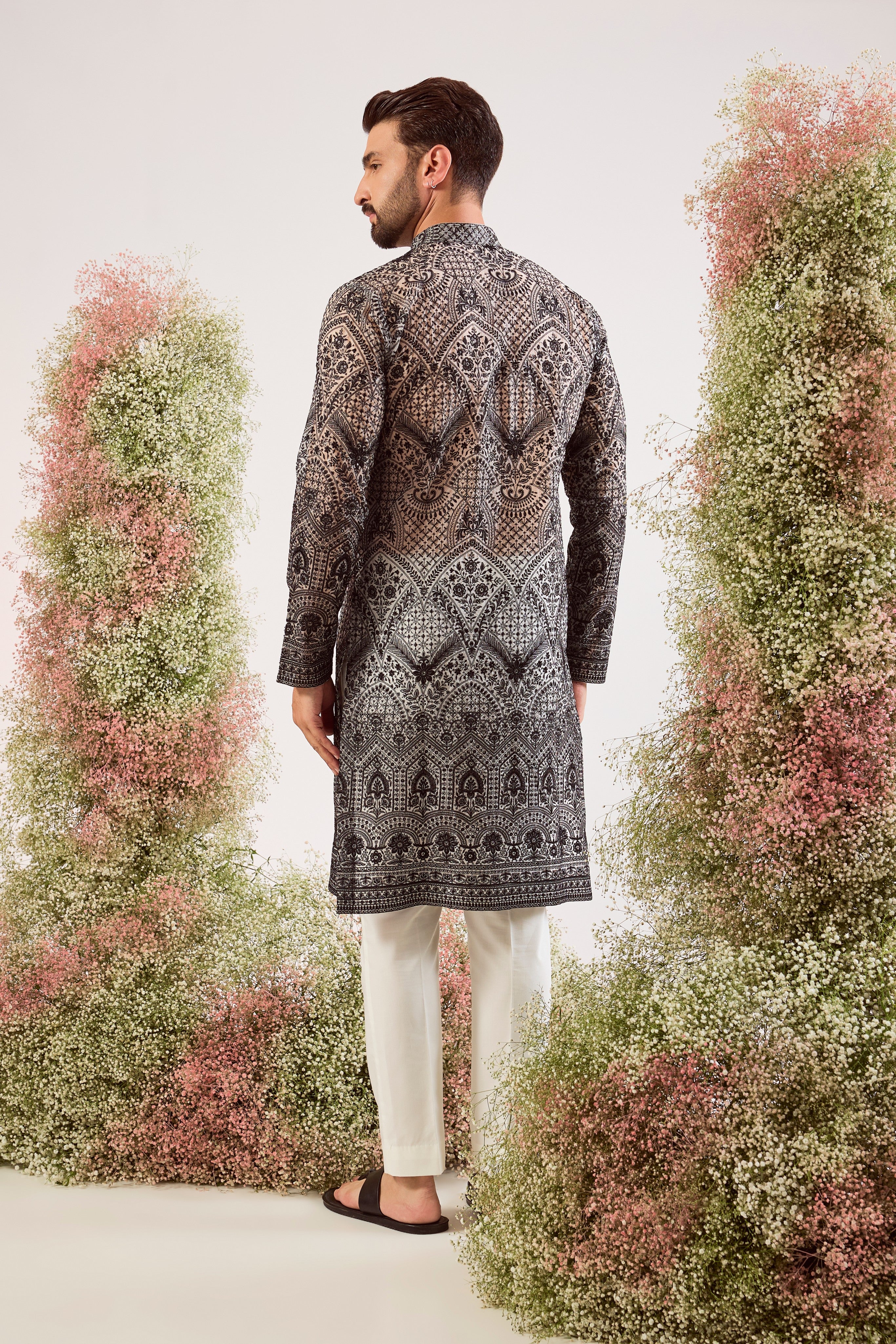 black chikankari see through long kurta on organza