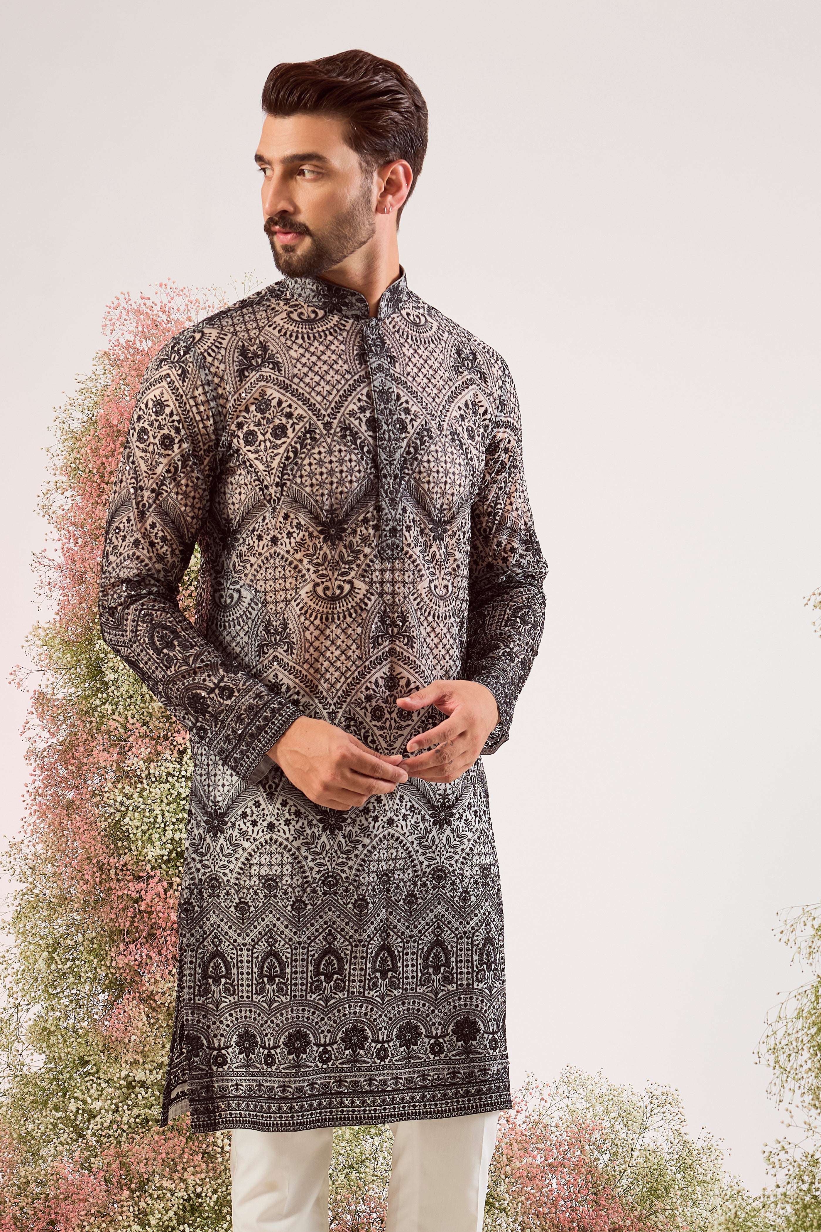 black chikankari see through long kurta on organza