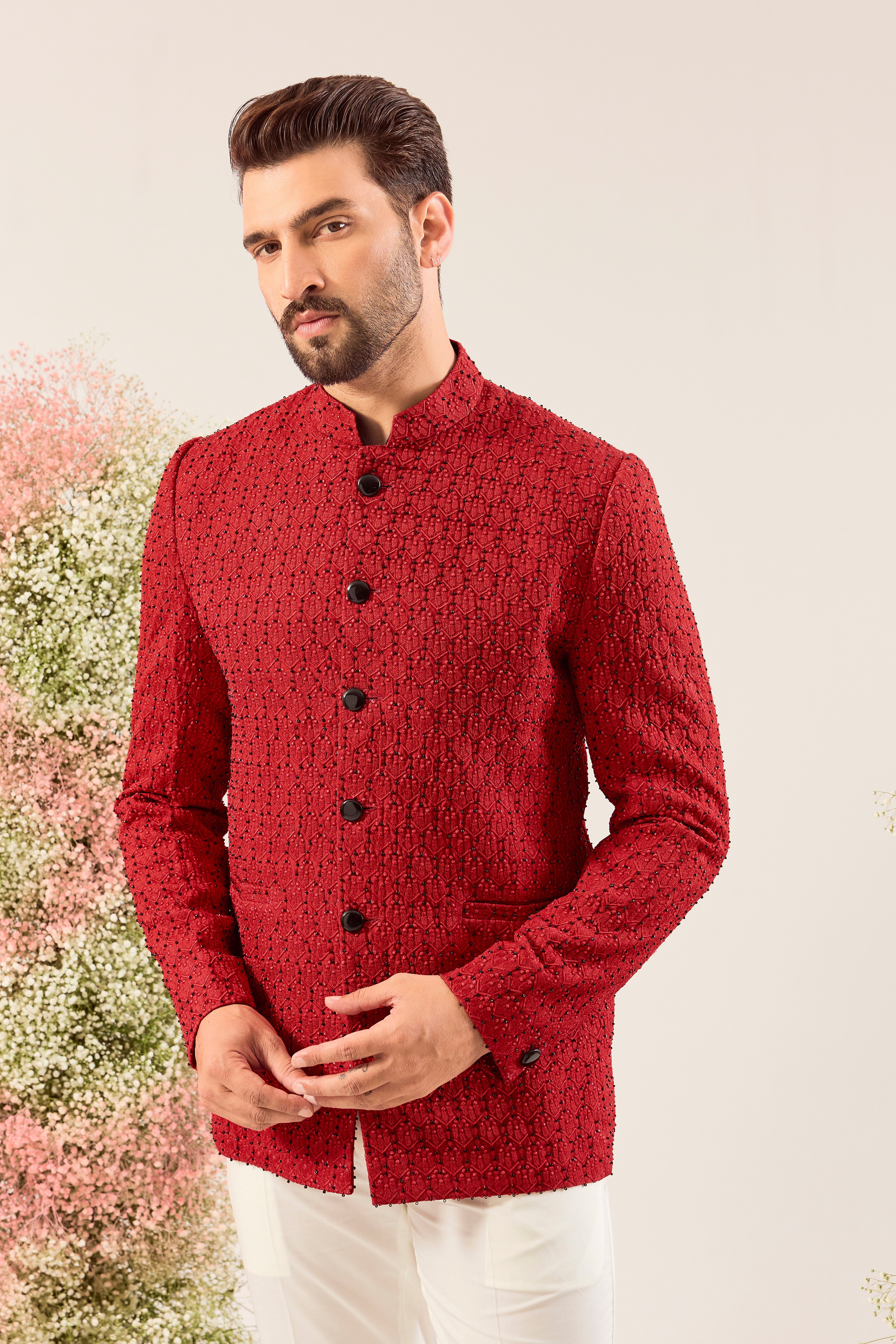 our classic red bandgala with intricate thread work and sleek cut dana
