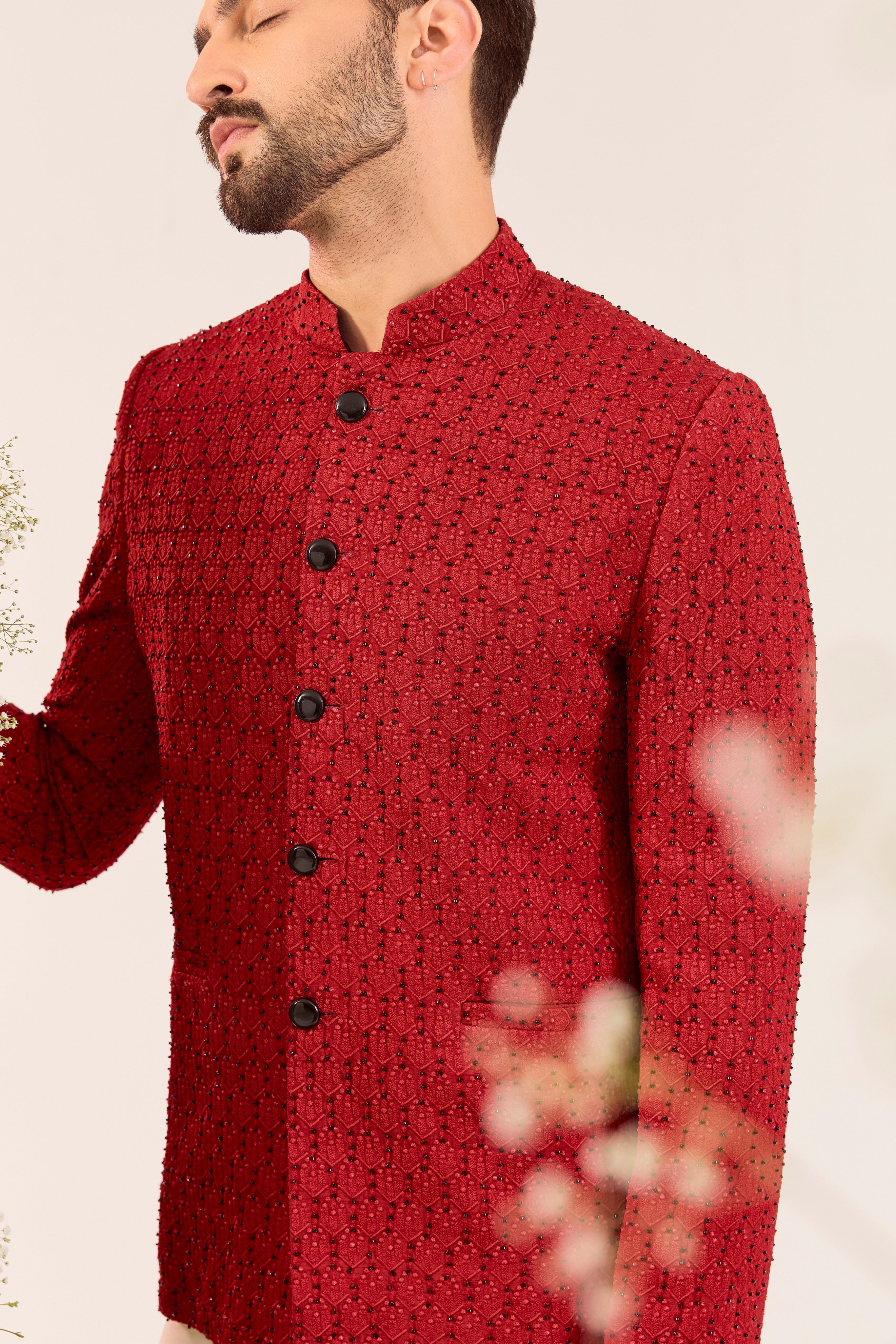 our classic red bandgala with intricate thread work and sleek cut dana