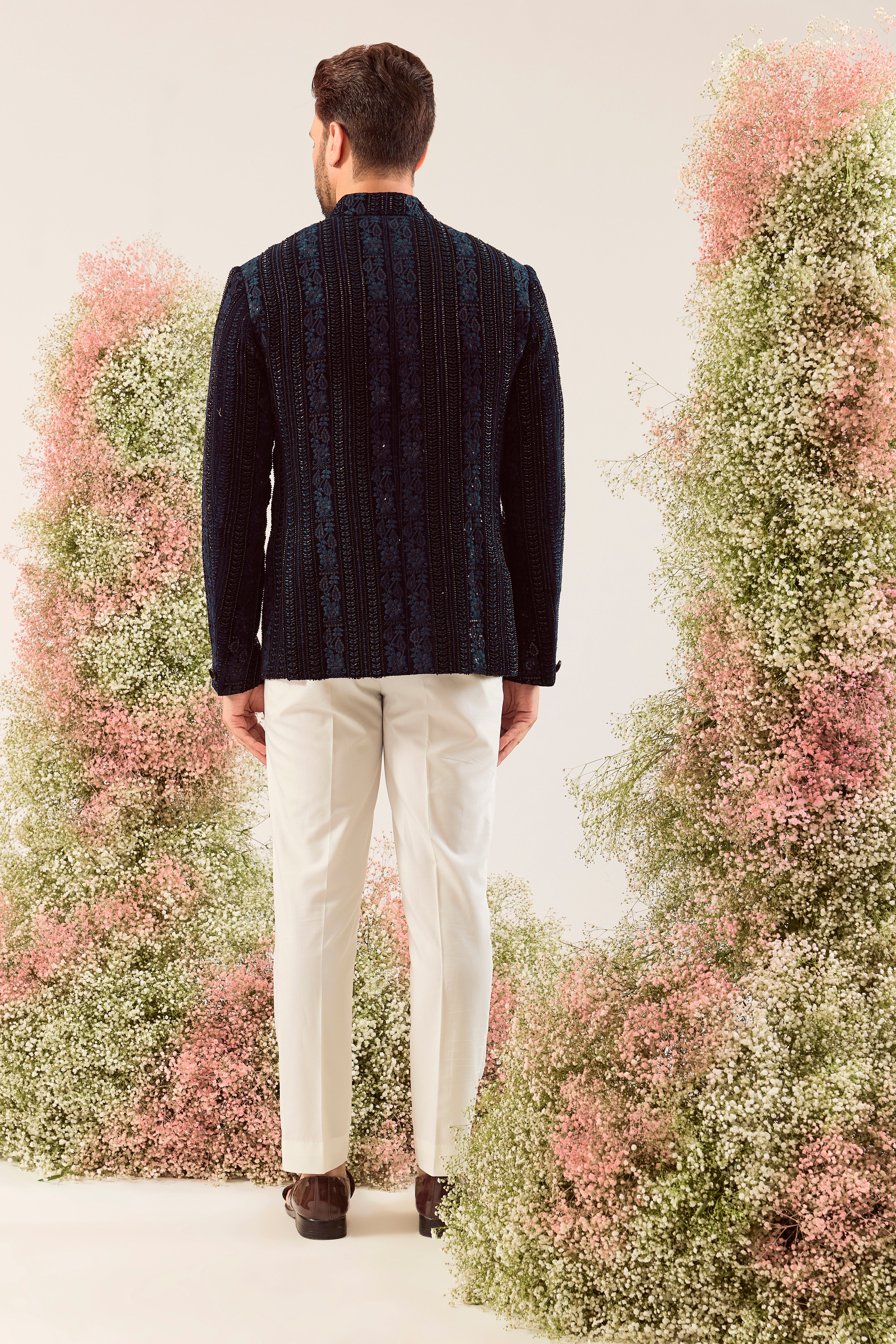 navy blue bandgala with intricate cut dana and floral embroidery