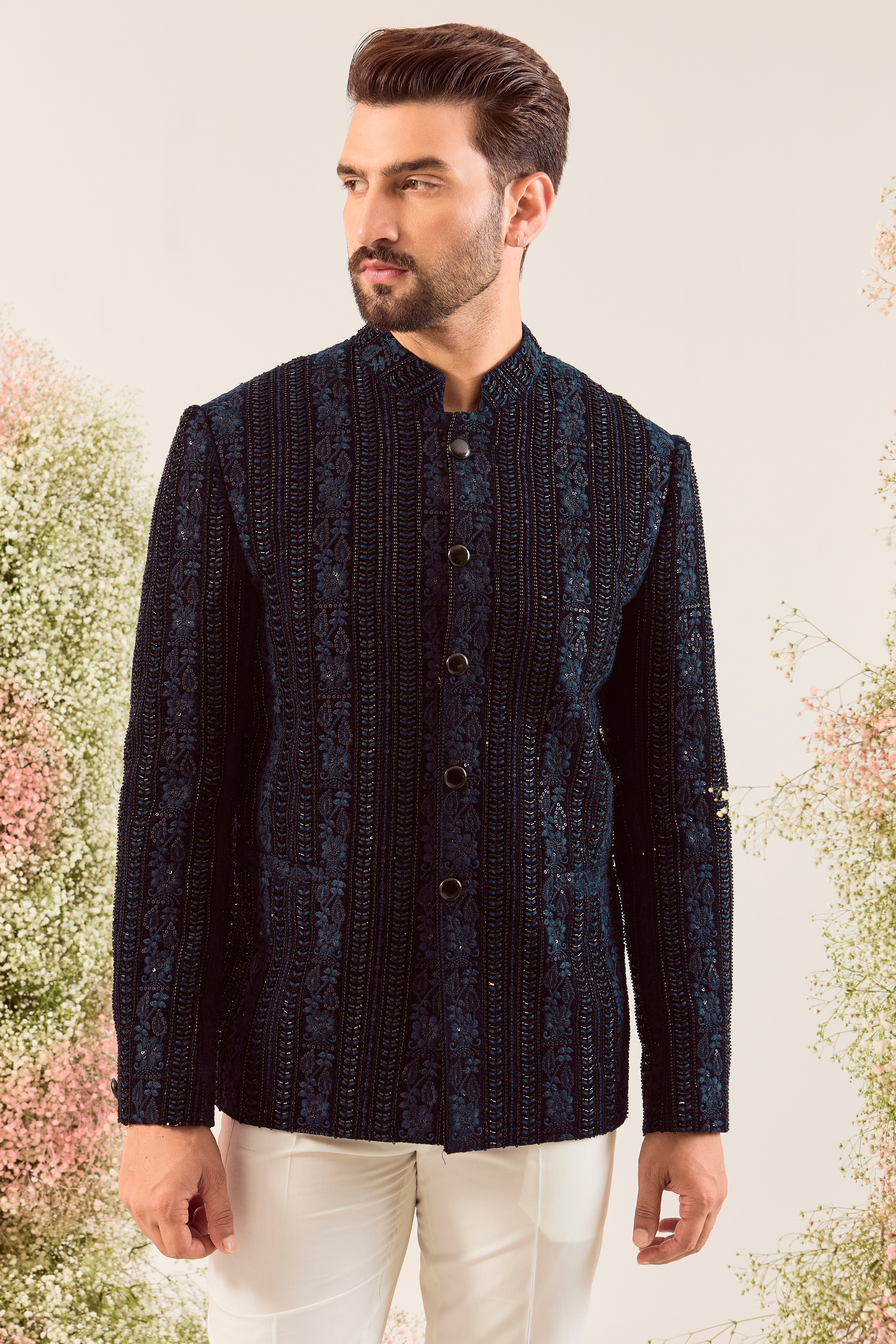 navy blue bandgala with intricate cut dana and floral embroidery