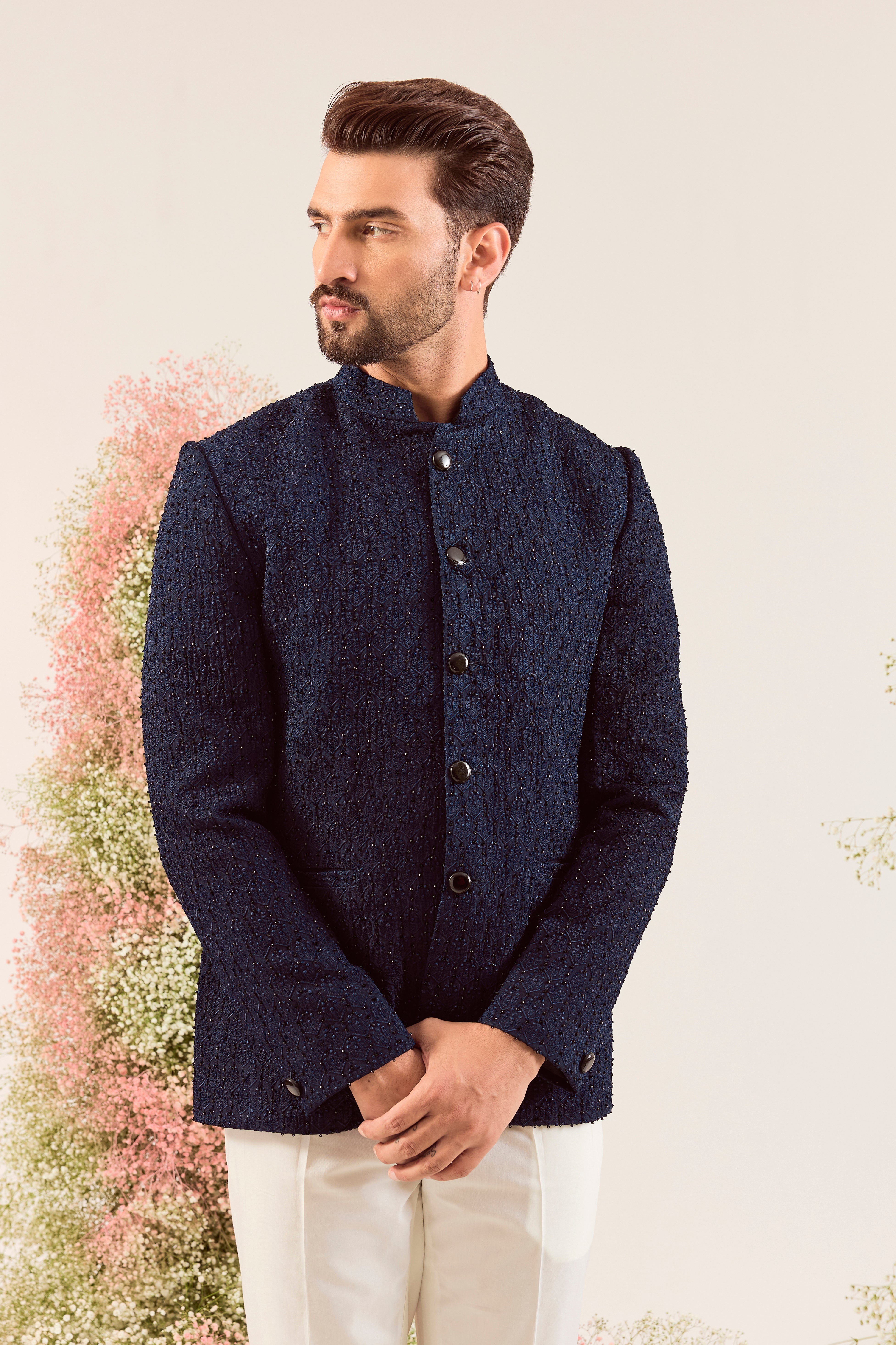 navy blue bandgala with intricate thread work and cut dana
