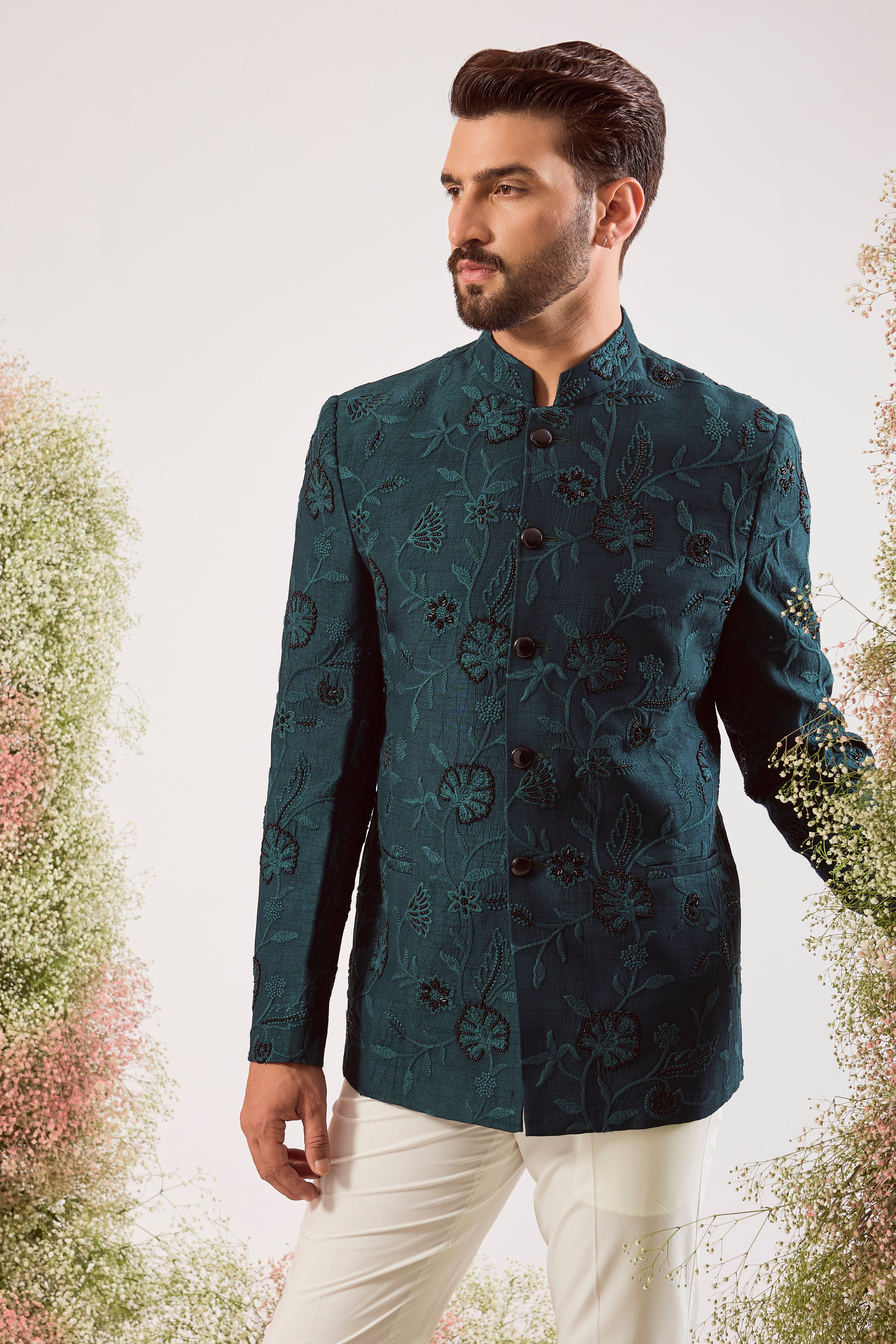 teal bandgala with intricate floral embroidery and sleek black cut dana work