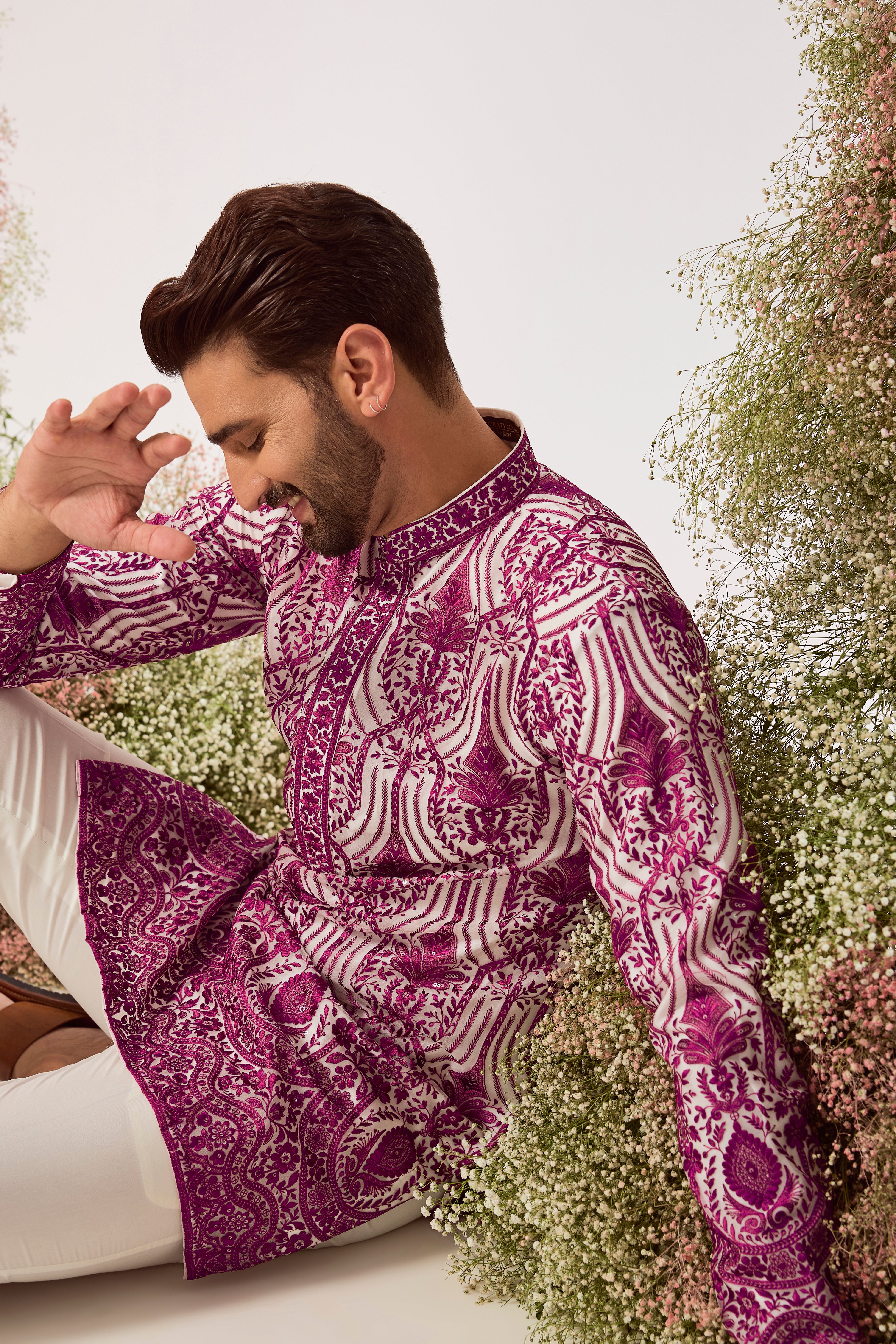 magenta short chikankari kurta with subtle sequin on organza (with lining )