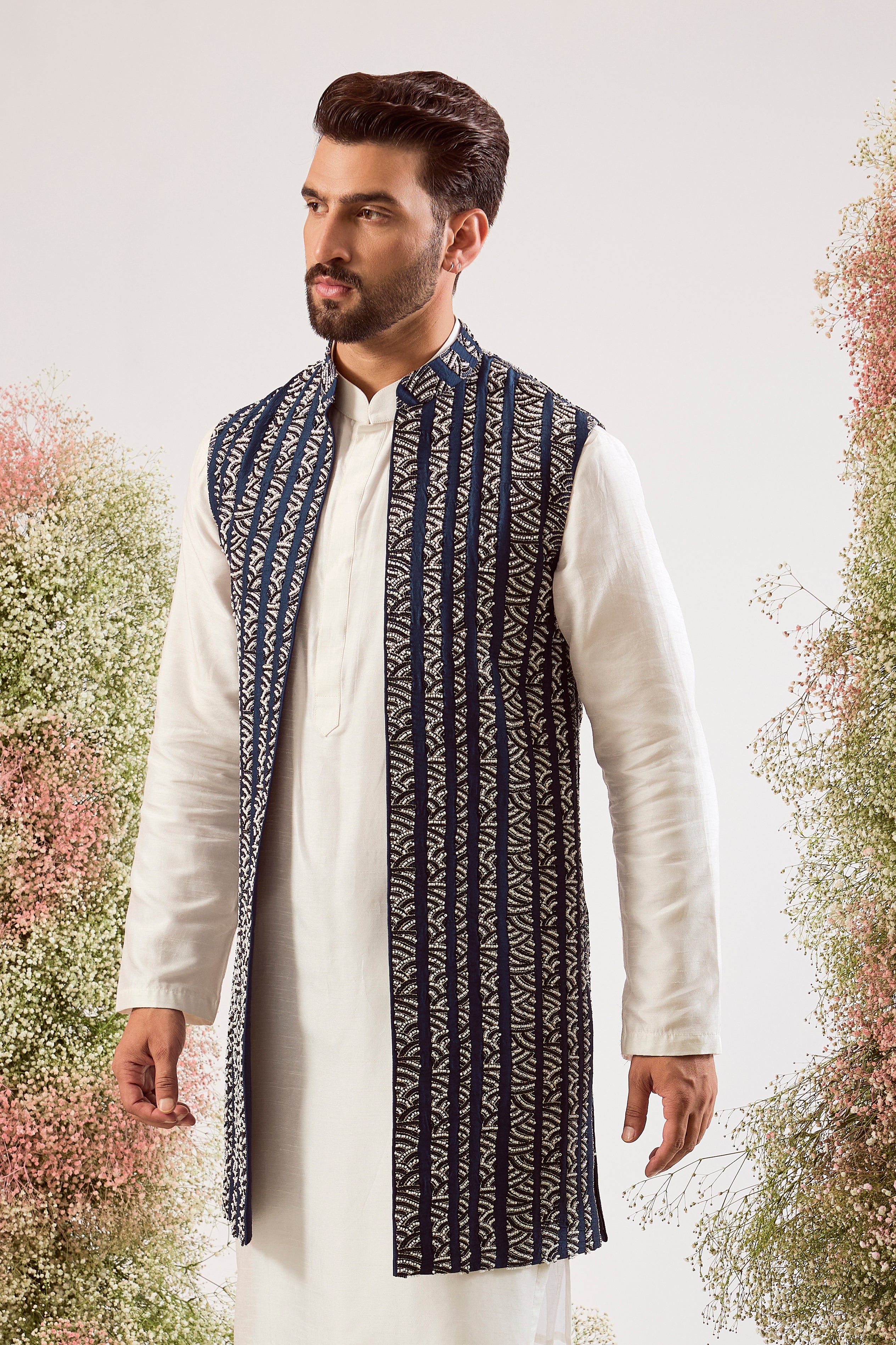 navy blue long jacket with heavy cut dana work