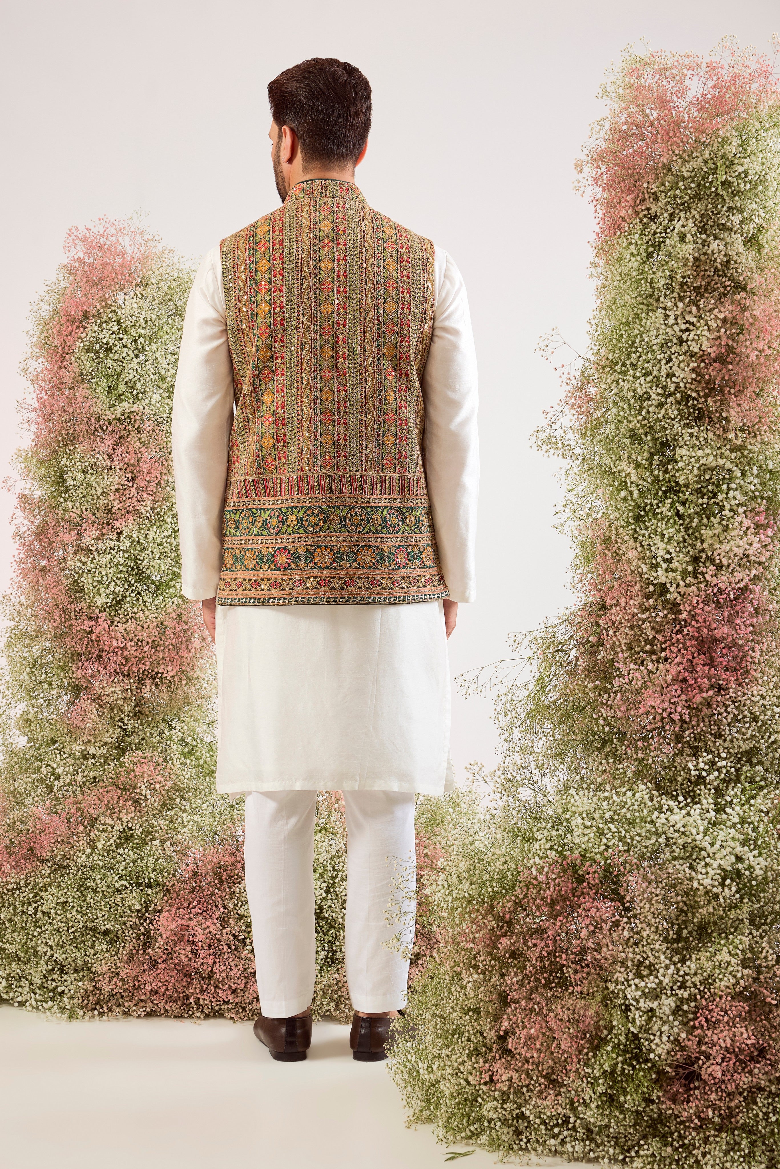 green / multicoloured short nehru jacket with heavy zari and sequin work