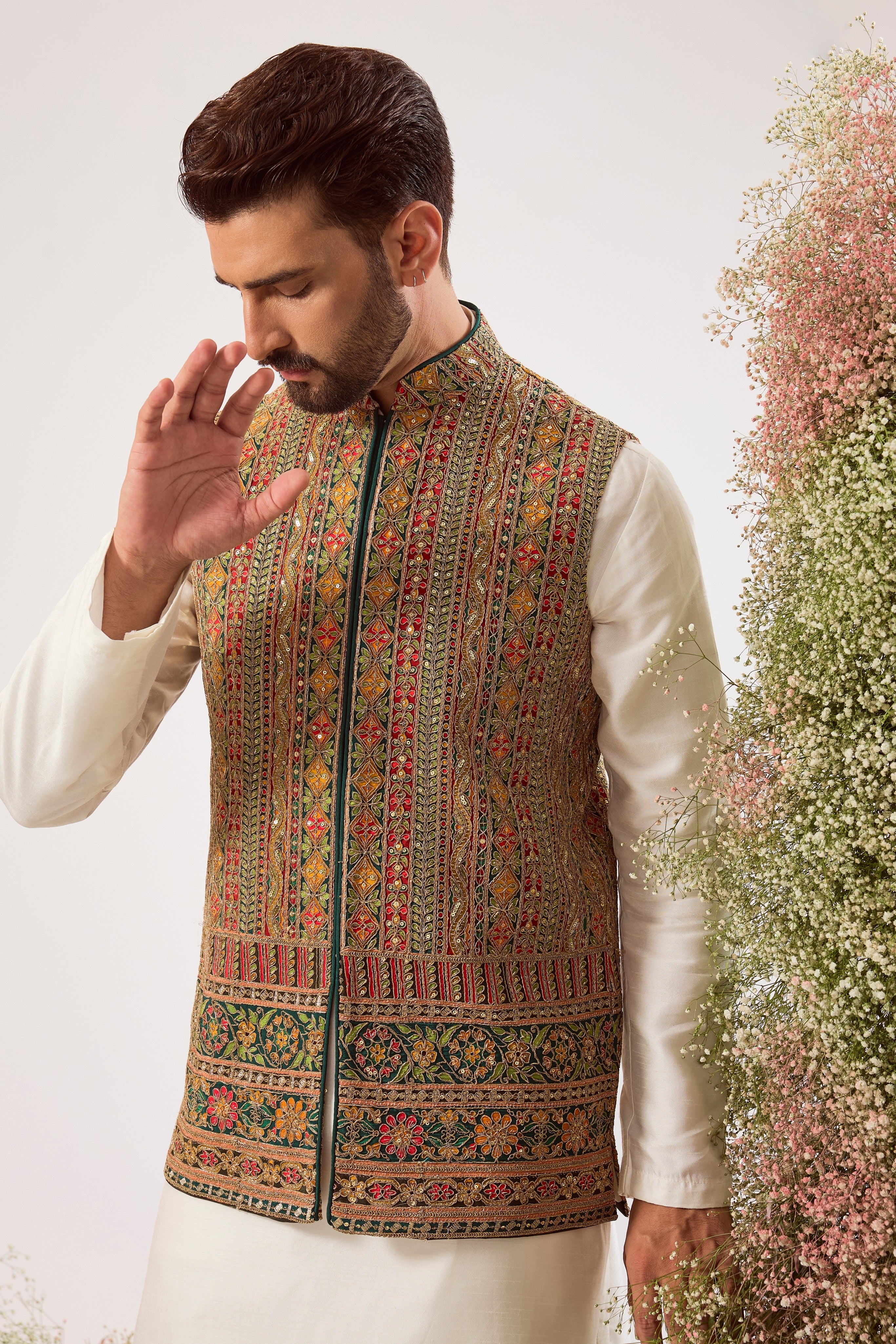 green / multicoloured short nehru jacket with heavy zari and sequin work