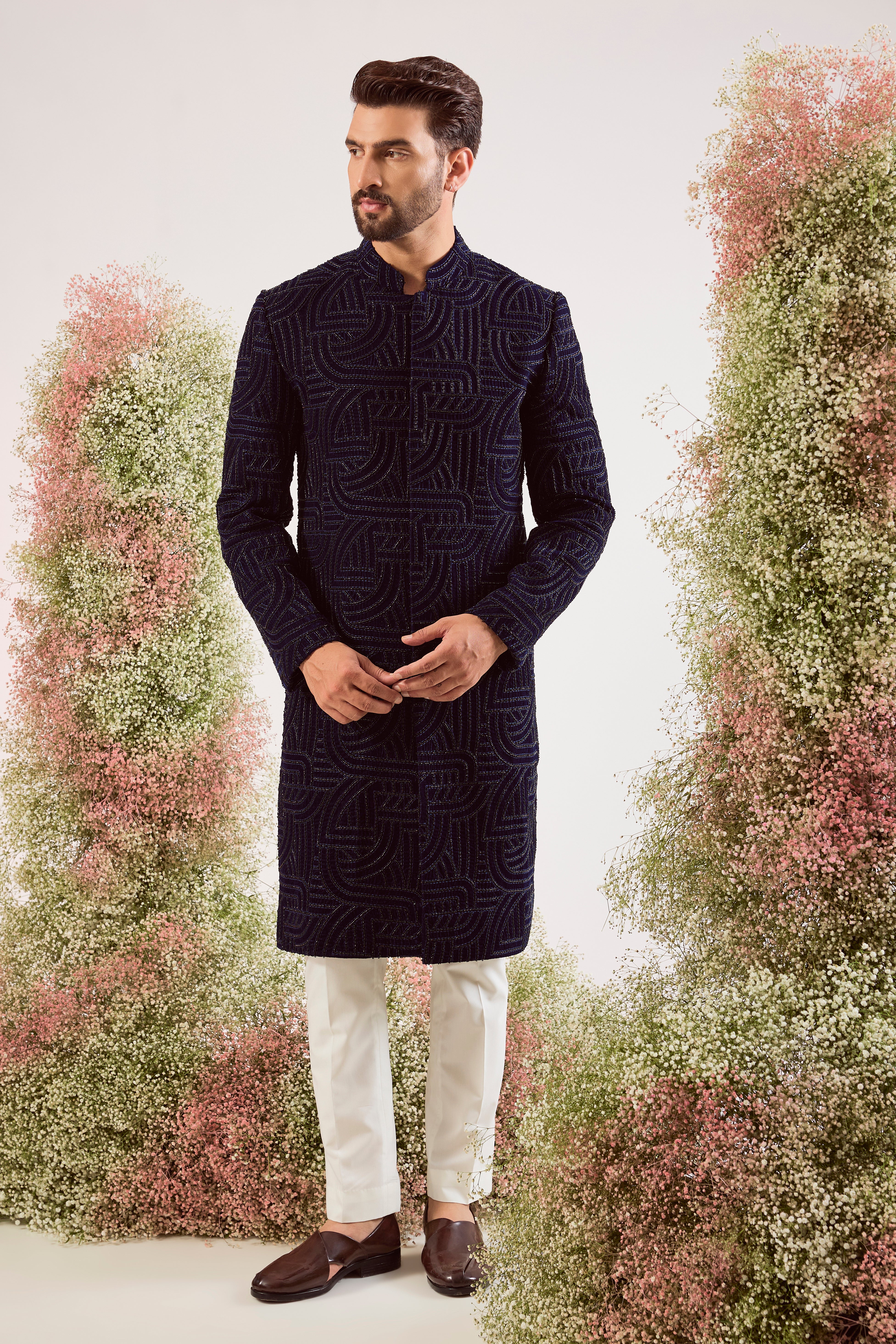 navy blue geomtrically embrodried sherwani with cut dana on velvet