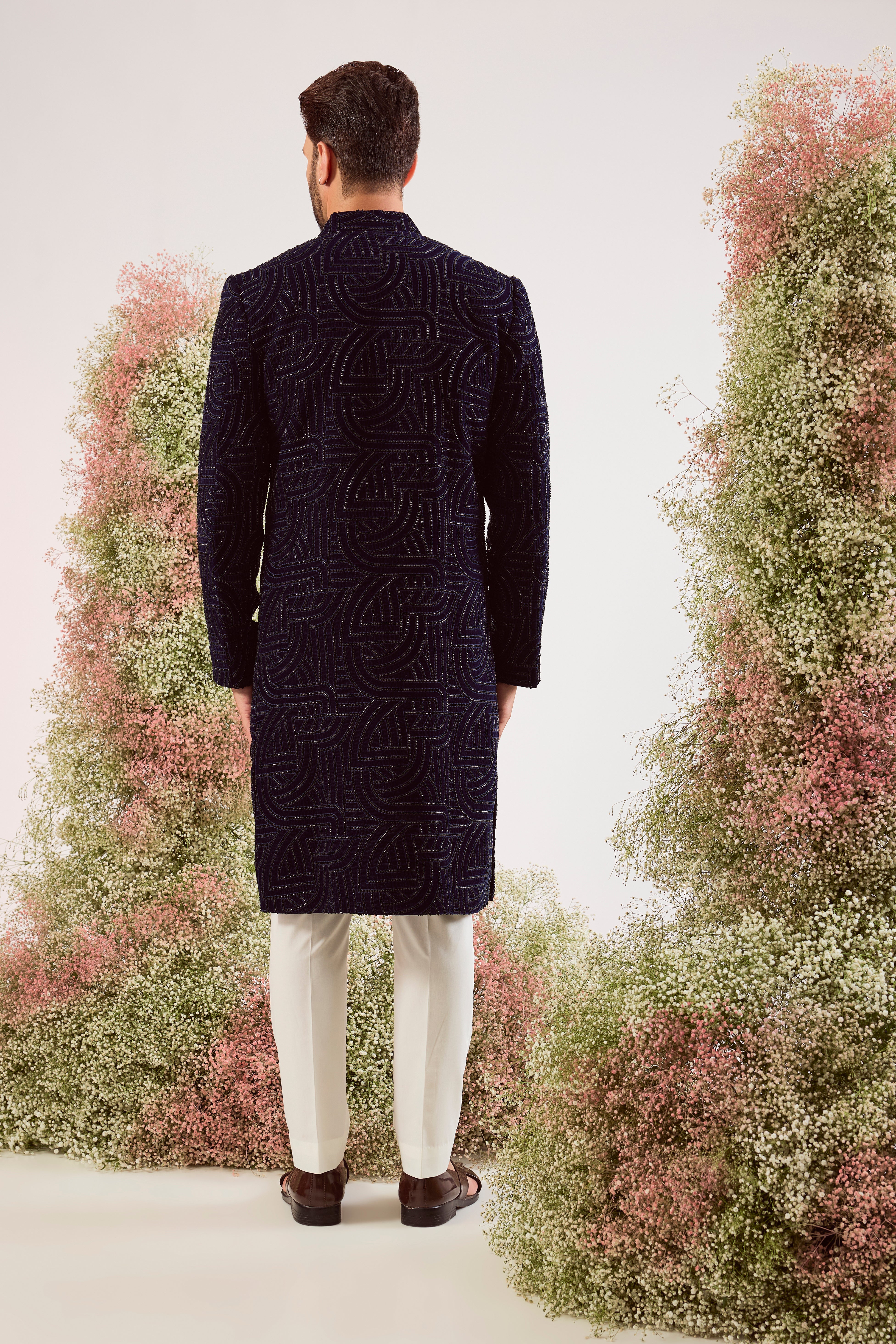 navy blue geomtrically embrodried sherwani with cut dana on velvet