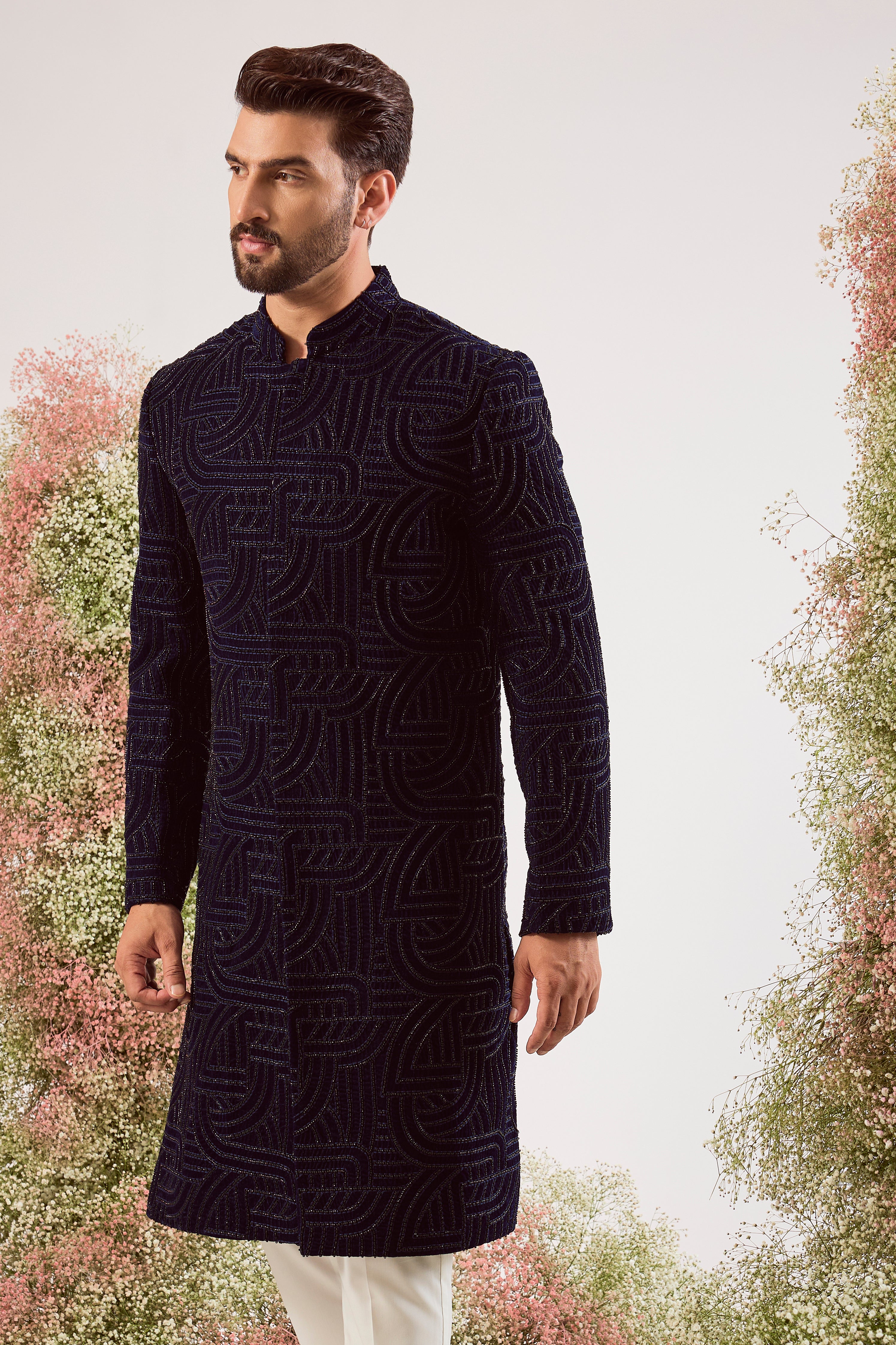 navy blue geomtrically embrodried sherwani with cut dana on velvet