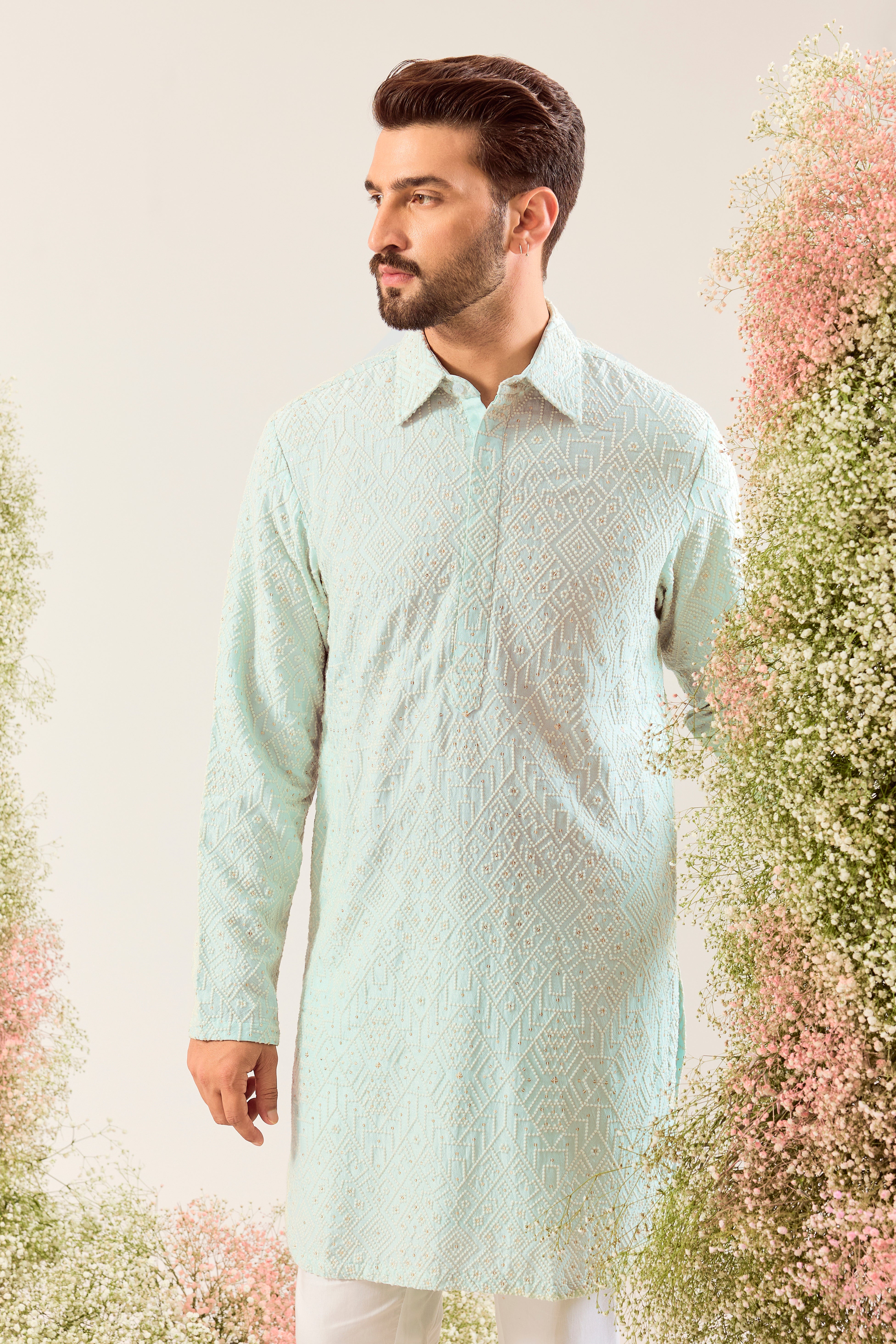 aqua geometrically embrodried short pathani kurta with intricate threadwork and sequin