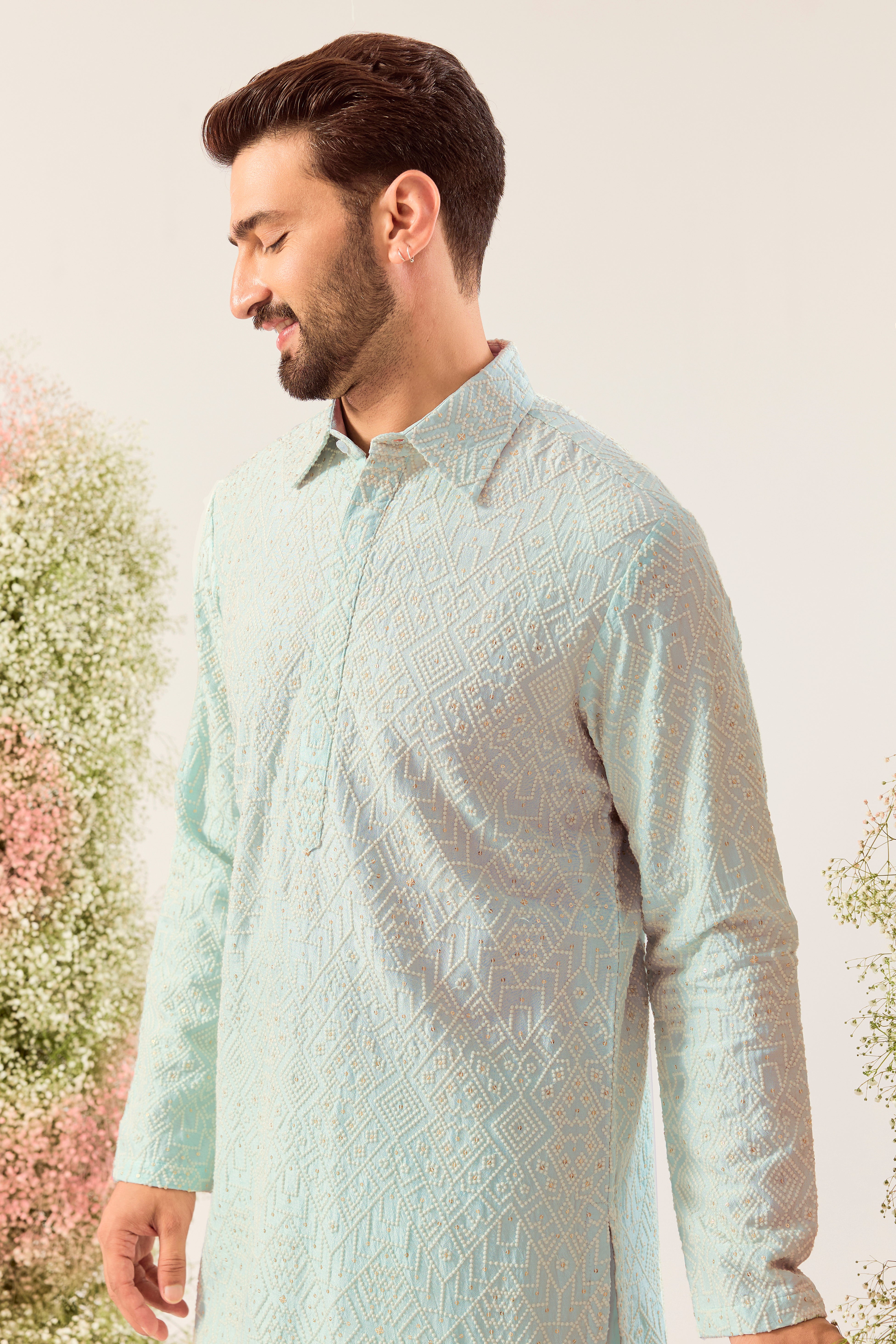 aqua geometrically embrodried short pathani kurta with intricate threadwork and sequin