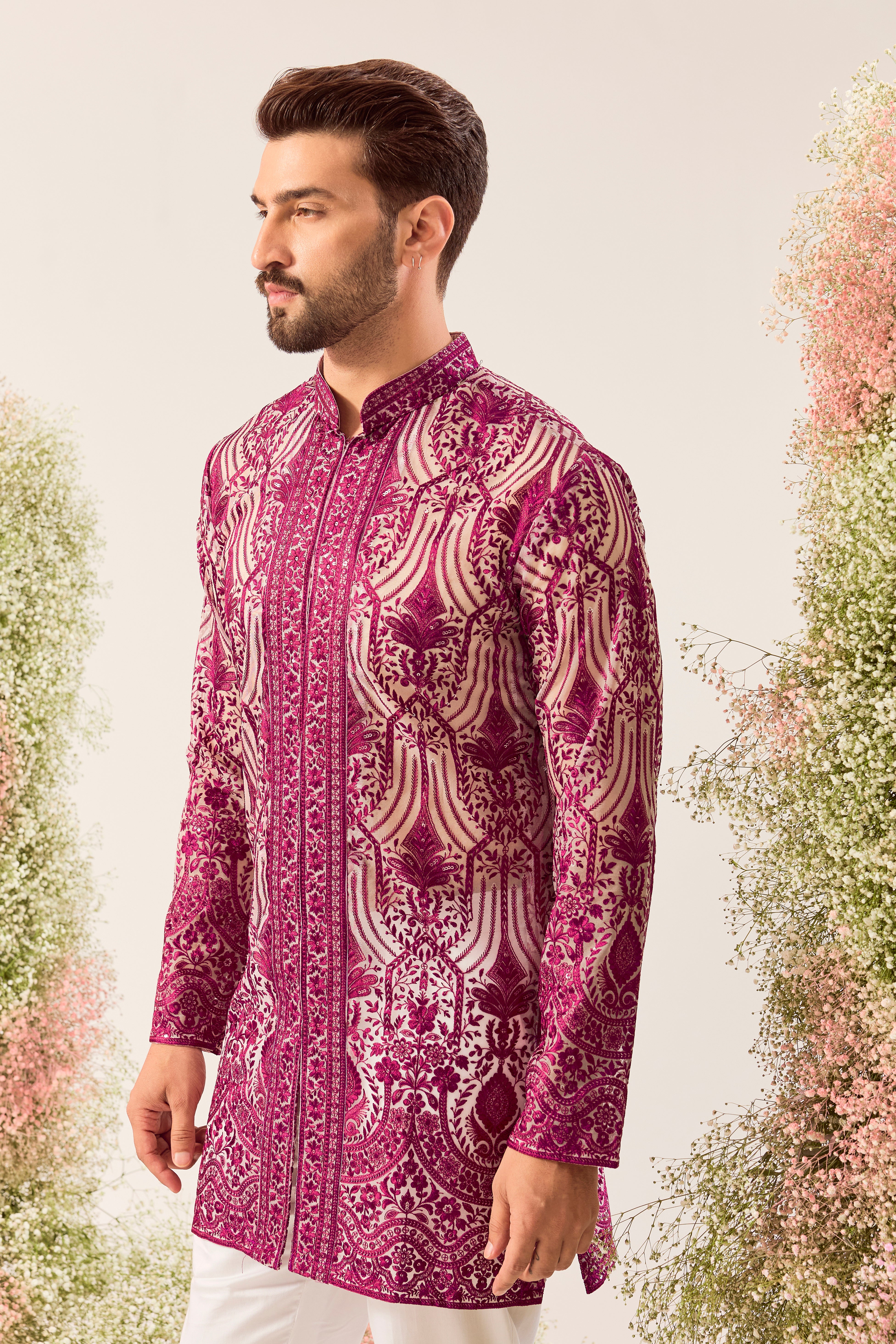 magenta see through open front chikankari kurta with delicte sequin work