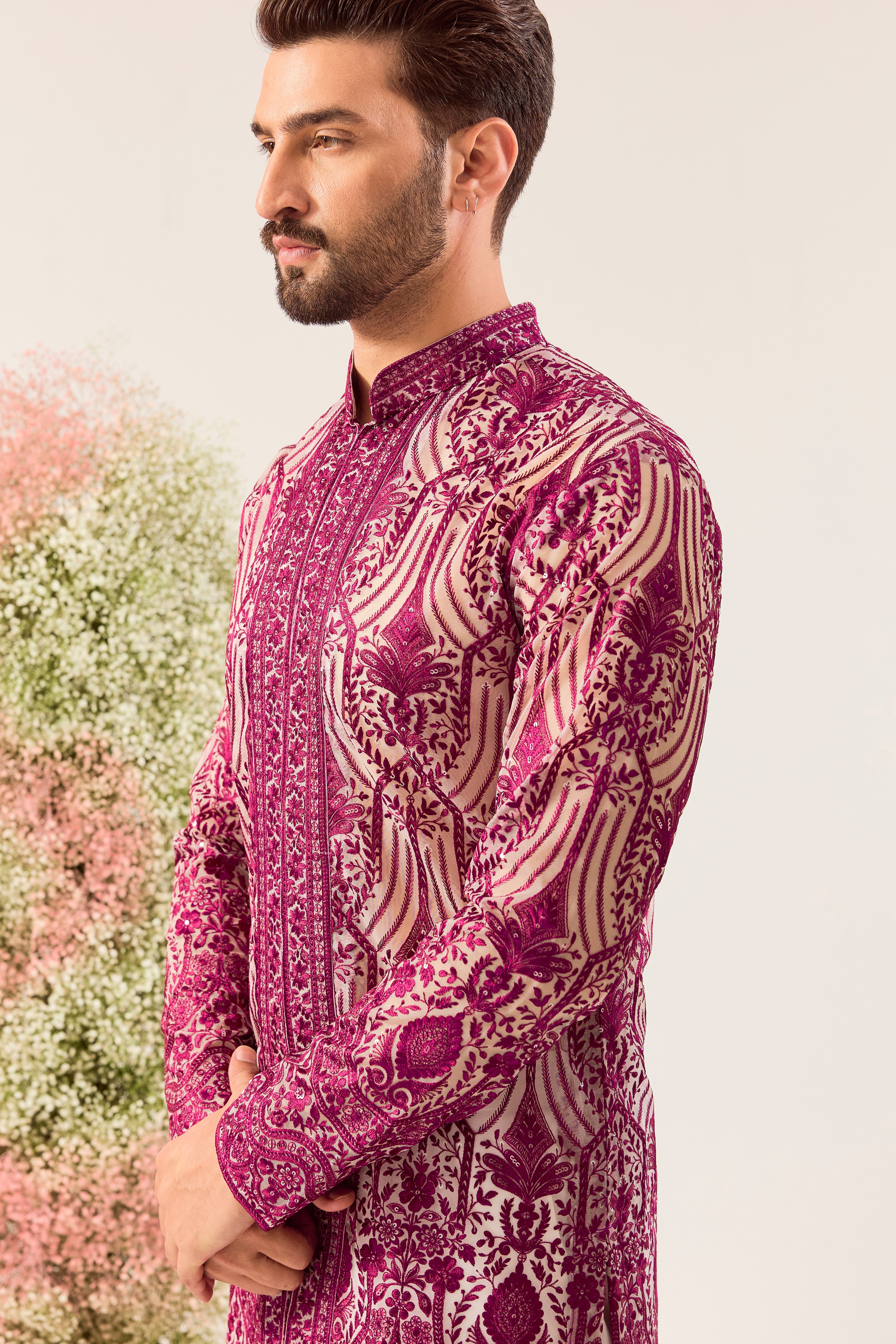 magenta see through open front chikankari kurta with delicte sequin work