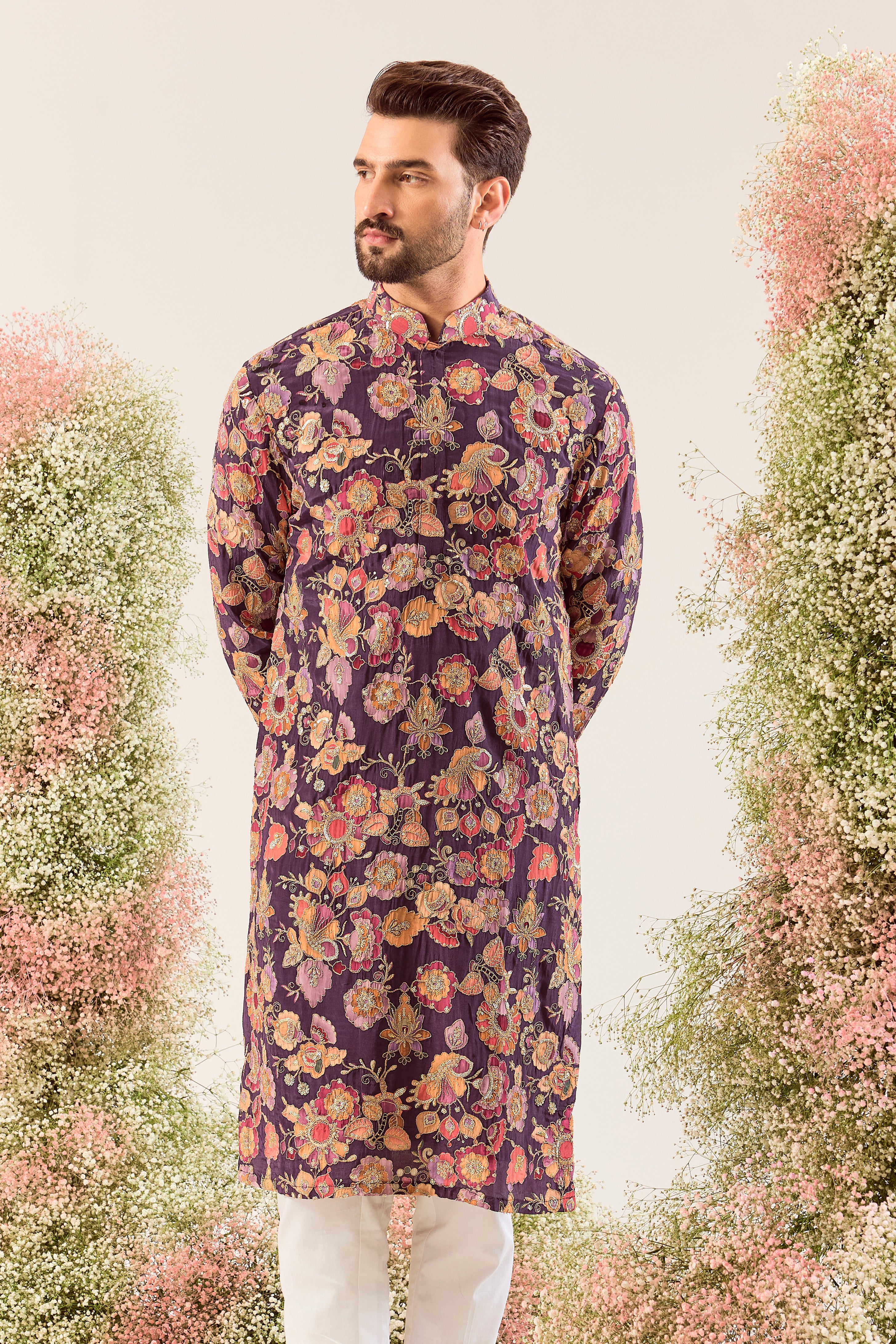 purple - multicoloured floral embrodried kurta with detailed zari amd sequin work