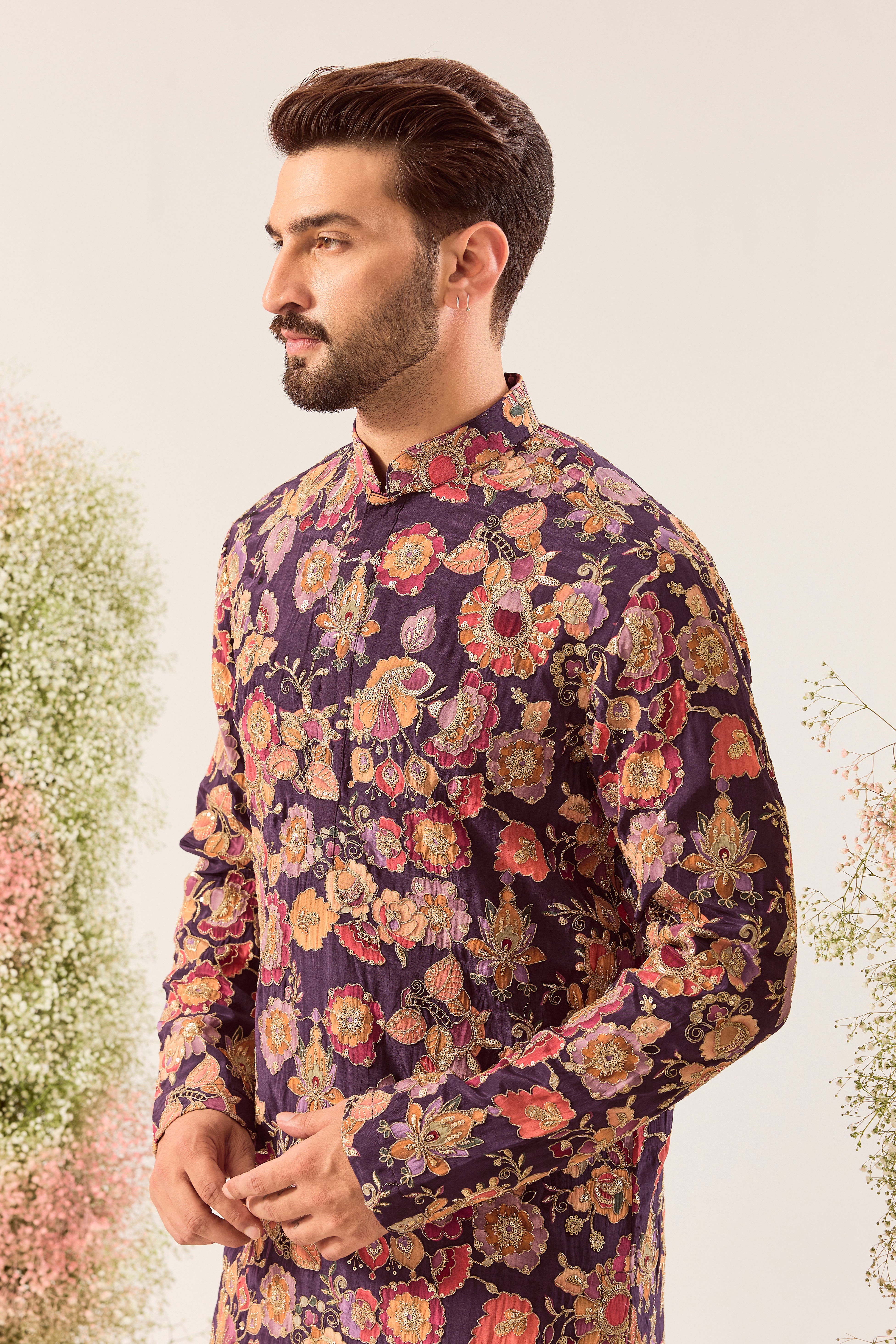 purple - multicoloured floral embrodried kurta with detailed zari amd sequin work