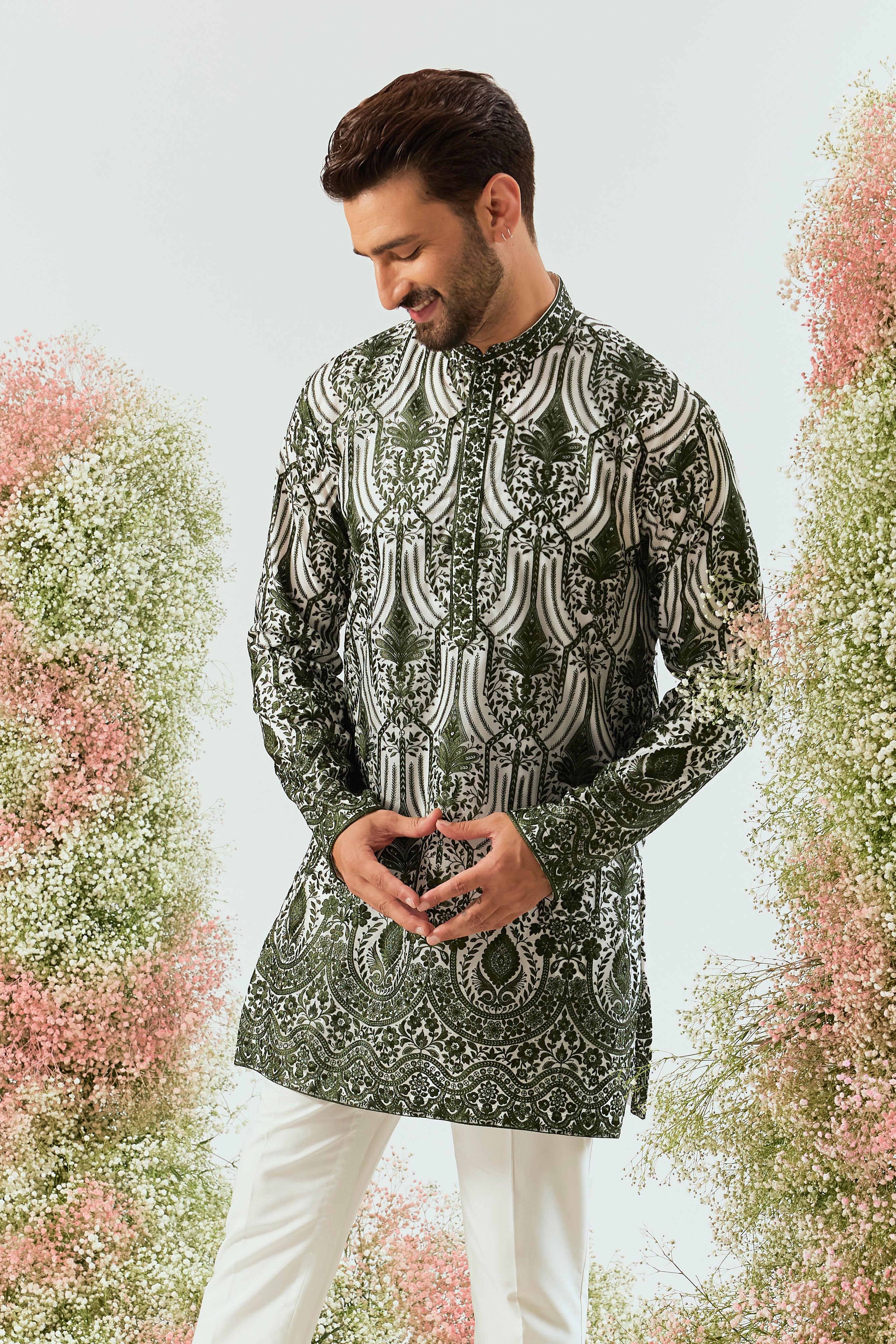 bottle green chikankati kurta on organza with intricate sequin work